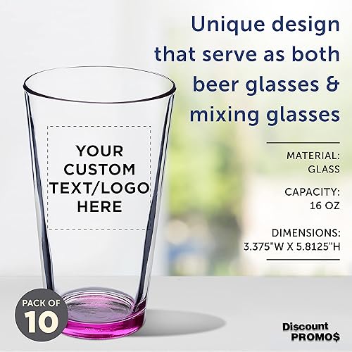 Miniatura 4 de DISCOUNT PROMOS Juego de 10 vasos de cerveza personalizados de 16 onzas, paquete a granel personalizado, cristalería resistente para restaurantes,