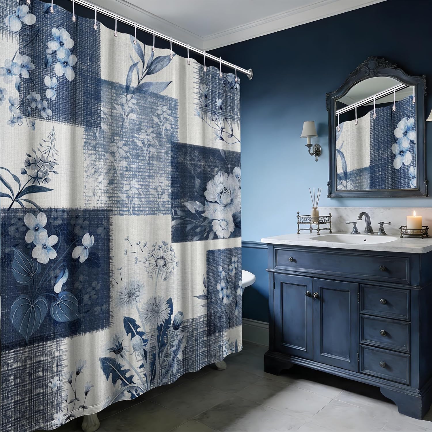 Navy Blue Patchwork Shower Curtain, 72x72 in