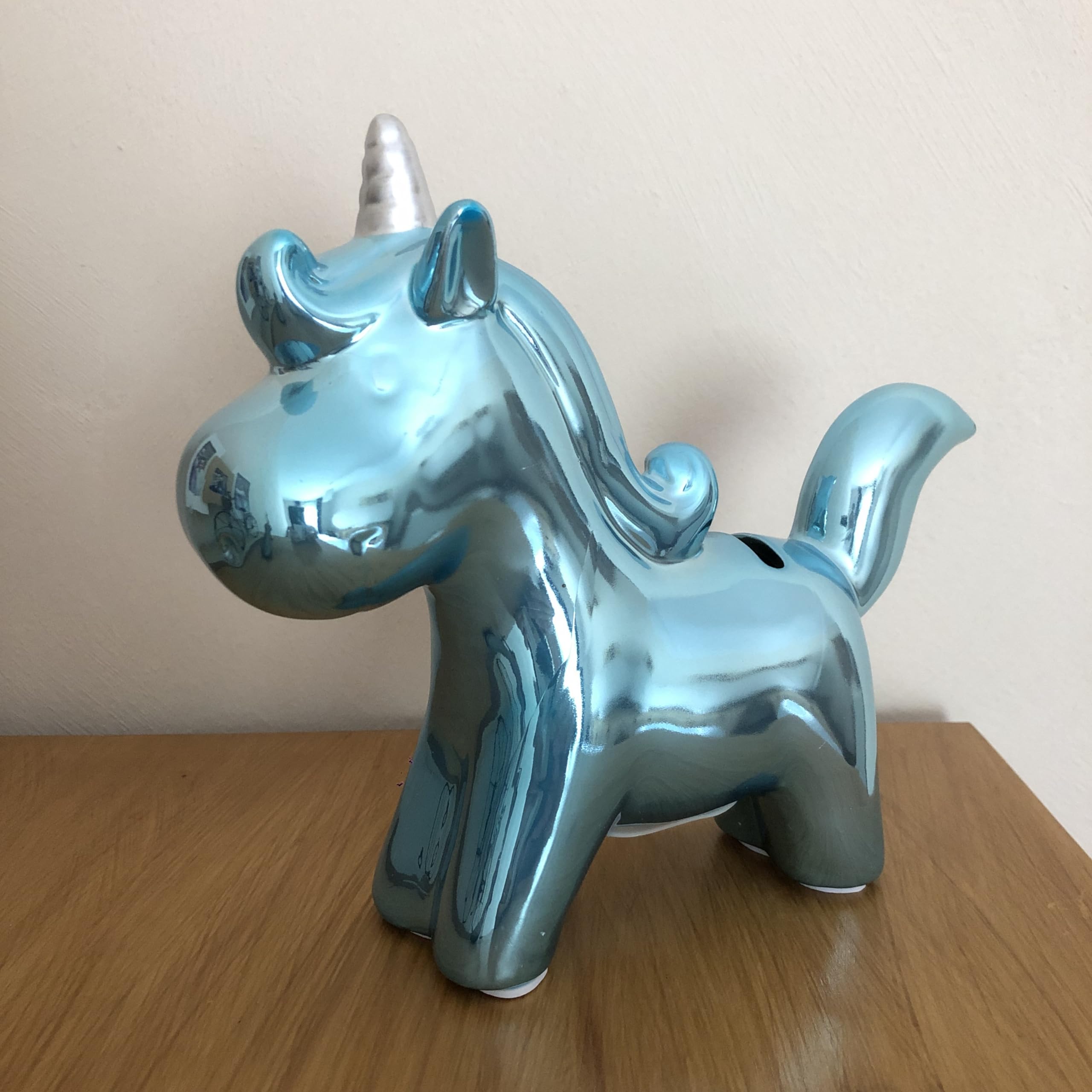 THE REPLICANT Tirelire Licorne Reflets chromés/Colori au Choix : Rose, Bleu, Blanc (Bleu)