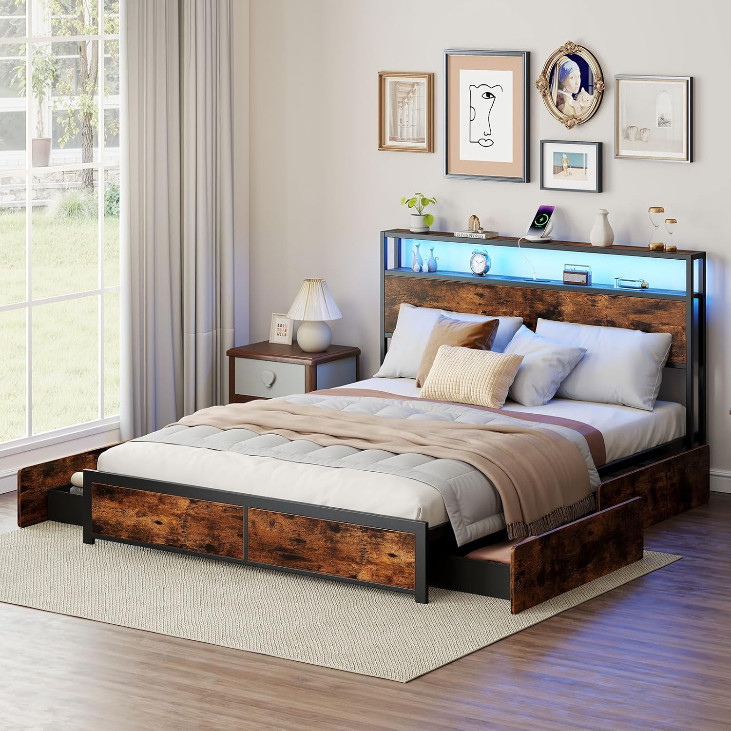 Giantex Queen Size LED Bed Frame with Charging Station & 4 Storage Drawers, Heavy Duty Metal Platform Bed with 2-Tier Storage Headboard, Noise Free, No Box Spring Needed, Rustic Brown