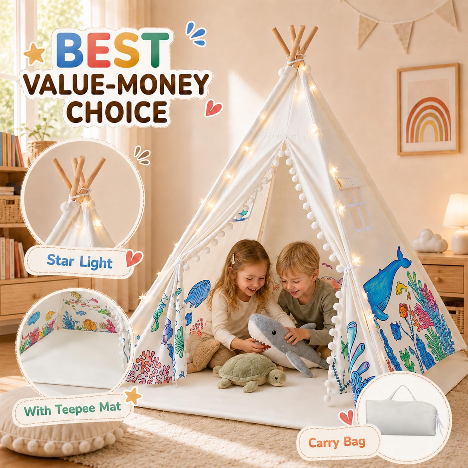 DIY Tipi Zelt für Kinder, Tippi Kinderzelt Indoor, 120x140cm Segeltuch Kinder Tipi Zelt, Spielhaus Wird mit Lichterketten, Bemalung und Aufbewahrungstasche geliefert für Drinnen Oder Draußen