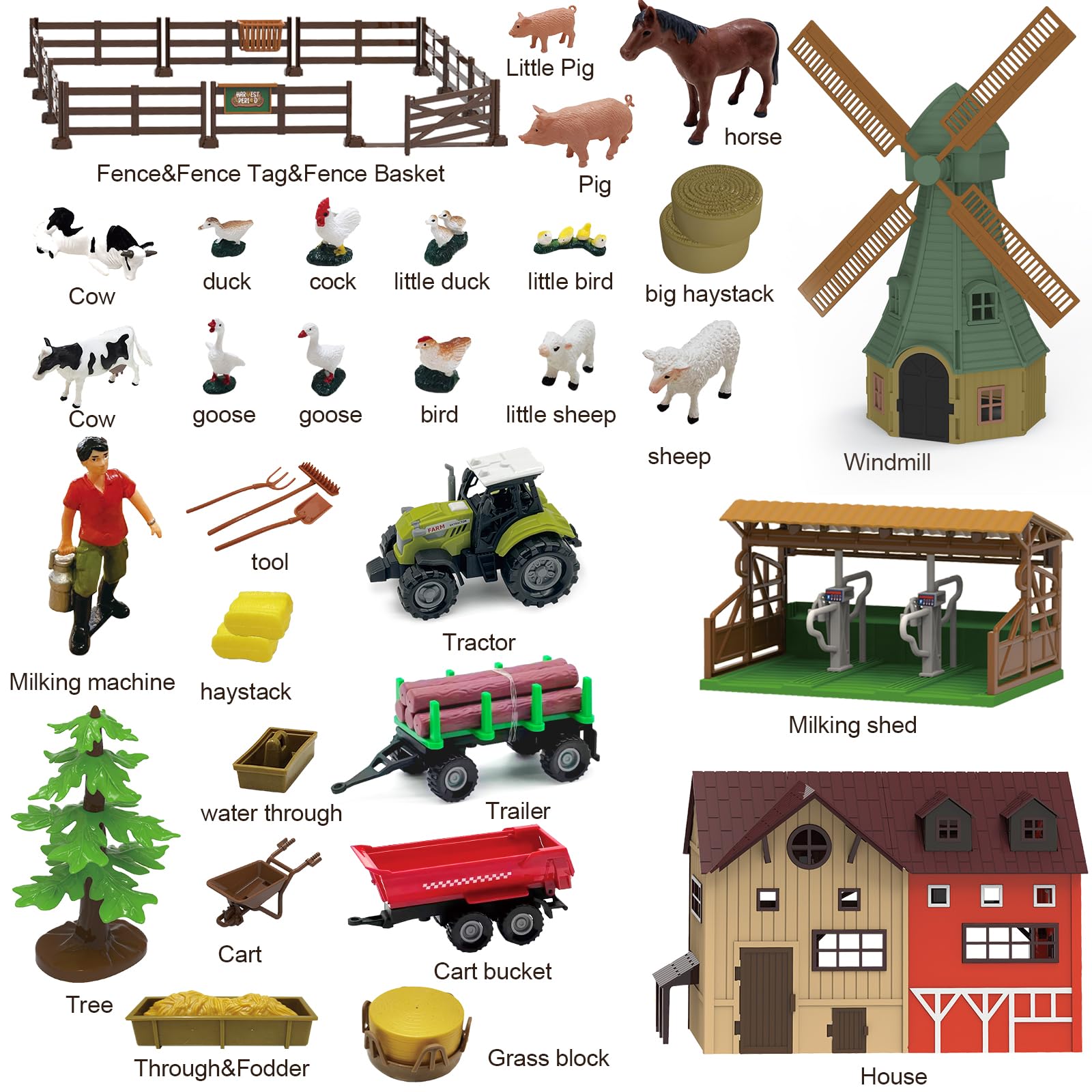 Set di 136 giocattoli di animali della fattoria, con fienile, rimorchio di trattore, capanno del latte, mulino a vento, fattoria, recinzione, gioco per bambini e bambine dai 5 anni in su