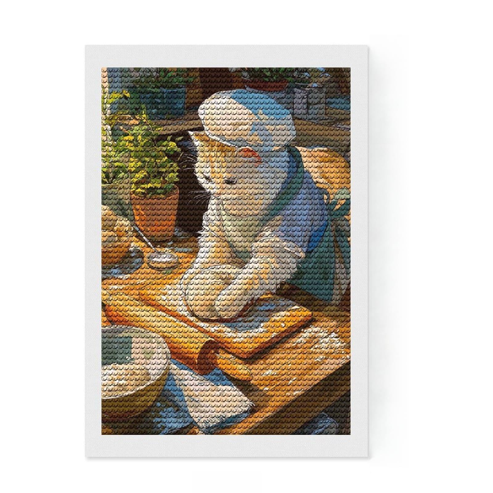 Junmoney The Baker Cat Diamond Painting Canvas Set 8"x12", for Teens, Pleasing Wall Art Project, Cosy Home Accent, Birthday Gift