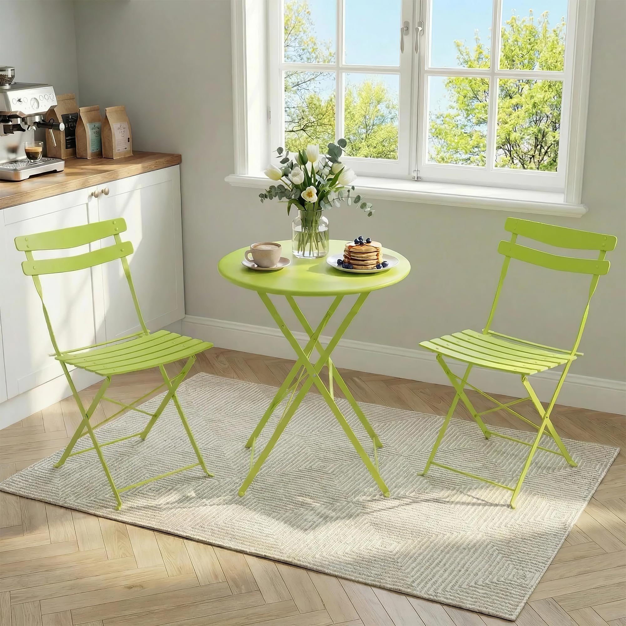 AffinityFurn 3-Piece Outdoor Bistro Set, Garden Patio Table and 2 Chairs Set, Folding Bistro Set, Space Saving Patio Furniture for Patio Garden Balcony Yard, Light Green