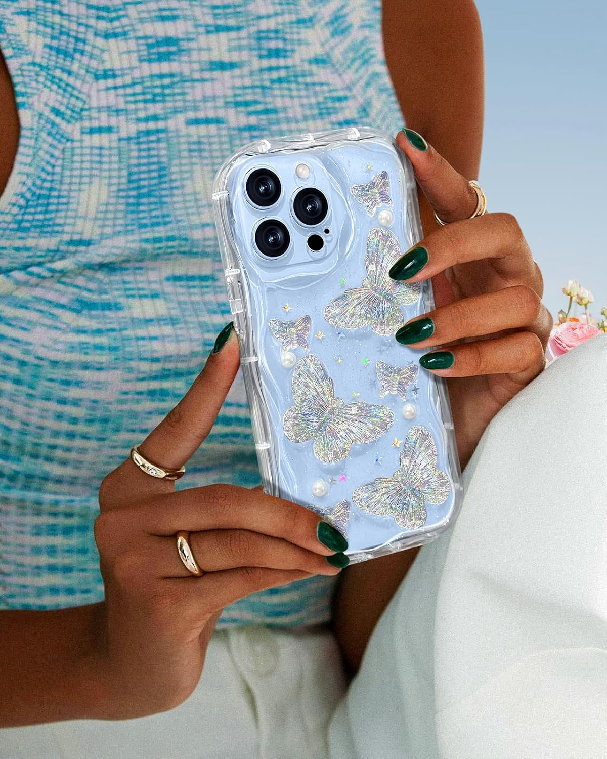 Toycamp for iPhone 13 Pro Case Cute - Women Girly Girls Glitter Phone Cover 13Pro Kawaii Sparkle Bling Shine Aesthetic Pretty Unique Wave Design Funda for Apple 13 Pro, Clear Butterfly image 3