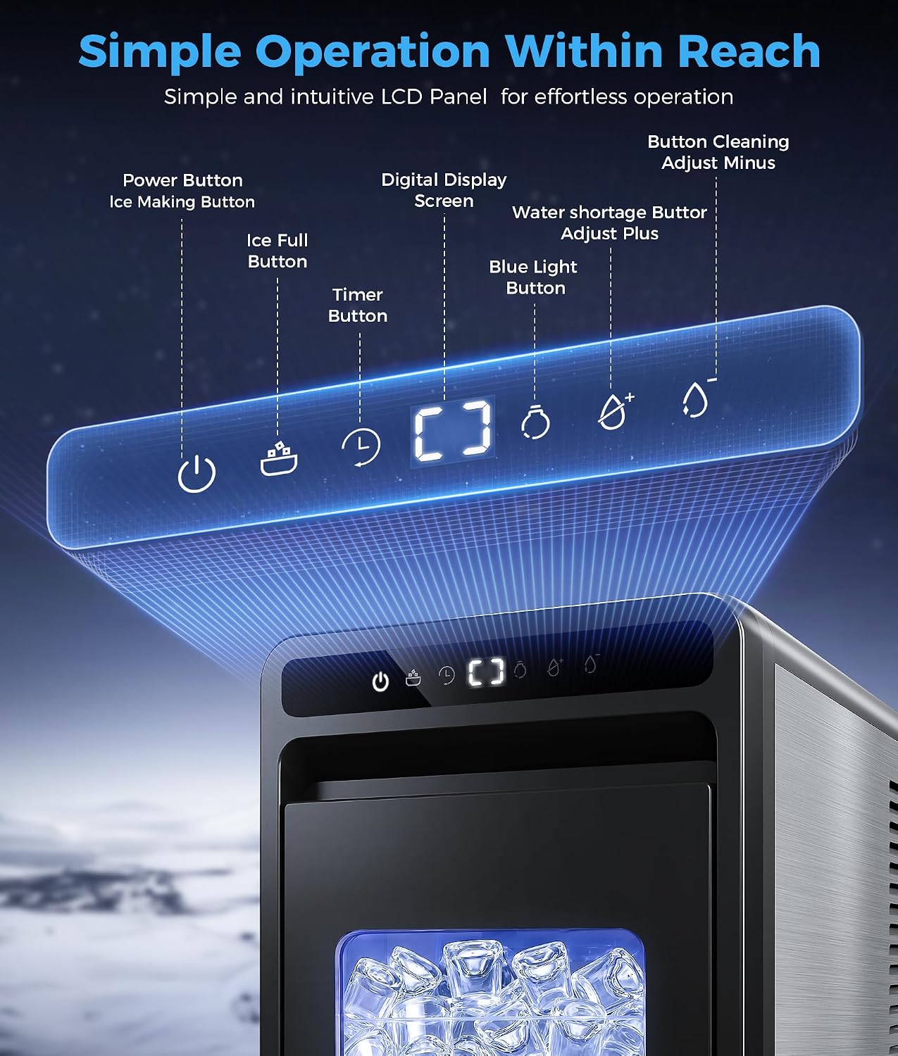 Close-up of the OYLUS CE0316 ice maker's control panel with labeled buttons and indicators