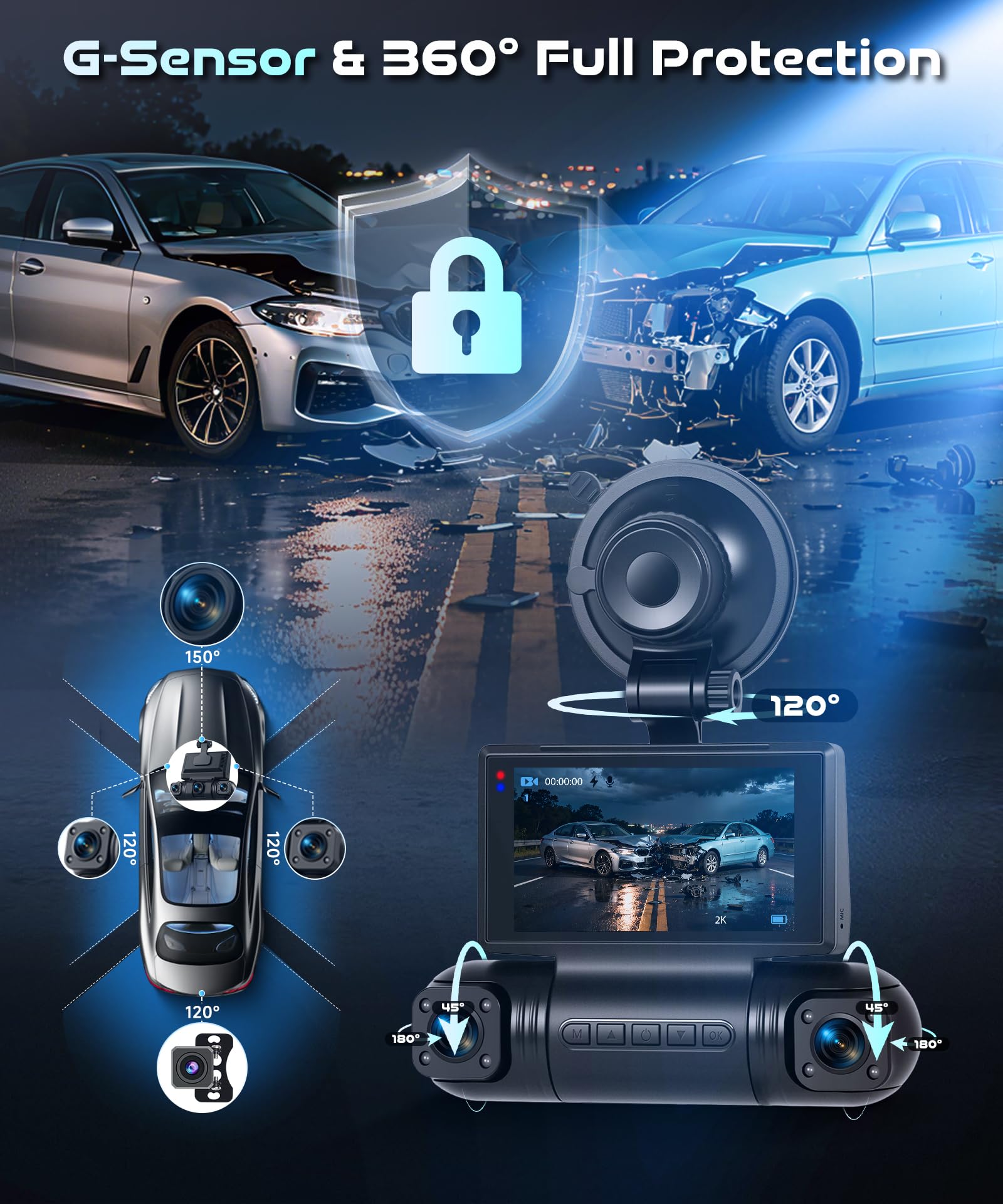 Rimoody Dashcam Auto 2K 4 Telecamere, Kit Completo con WiFi e 64GB - Videoregistratore 360° per Auto, Visione Notturna, Assistente Parcheggio, G-Sensor, App per Smartphone