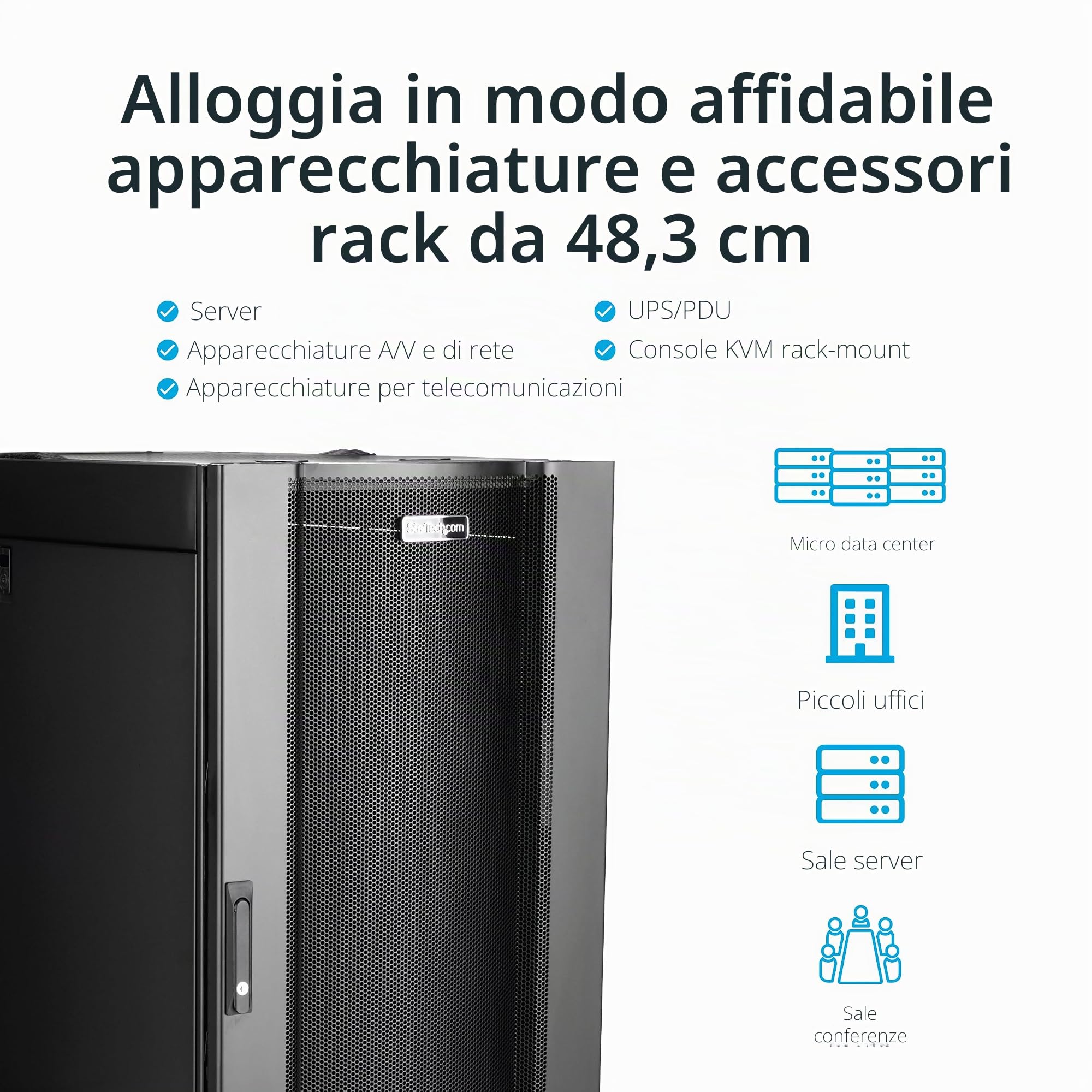 StarTech Armadio Server 25U 19" 4 Montanti su Ruote, Ripiano 1U (RK2537BKM) | Guide di Montaggio Regolabili, Spedito Assemblato, per Server e Reti IT