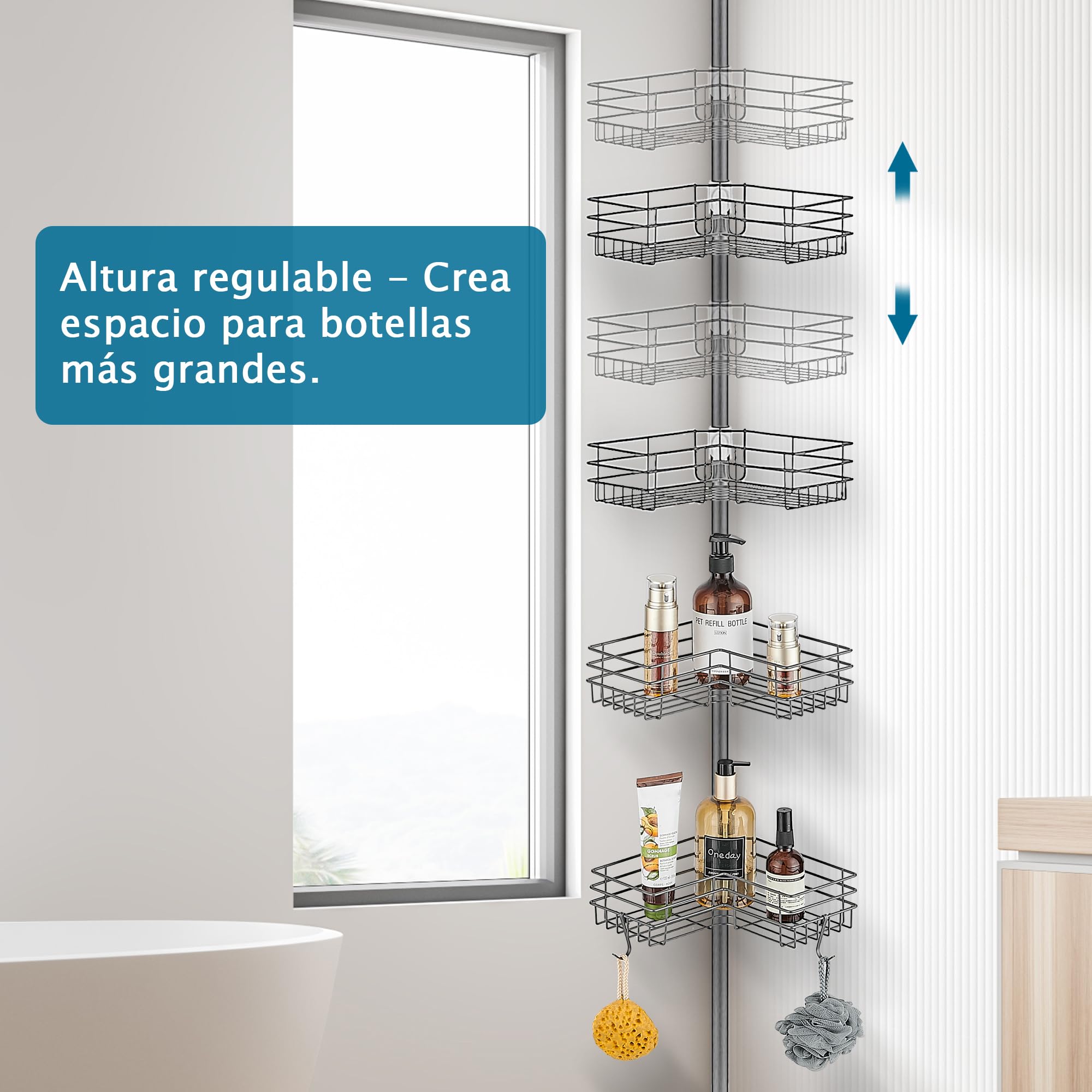 Estanteria Baño Telescopica Estante Ducha sin Taladro Acero Inoxidable Repisas Esquina Baldas con 4 Bandejas, Regulable 85-325cm, apto para Bañera Baño y Cocina, Gris