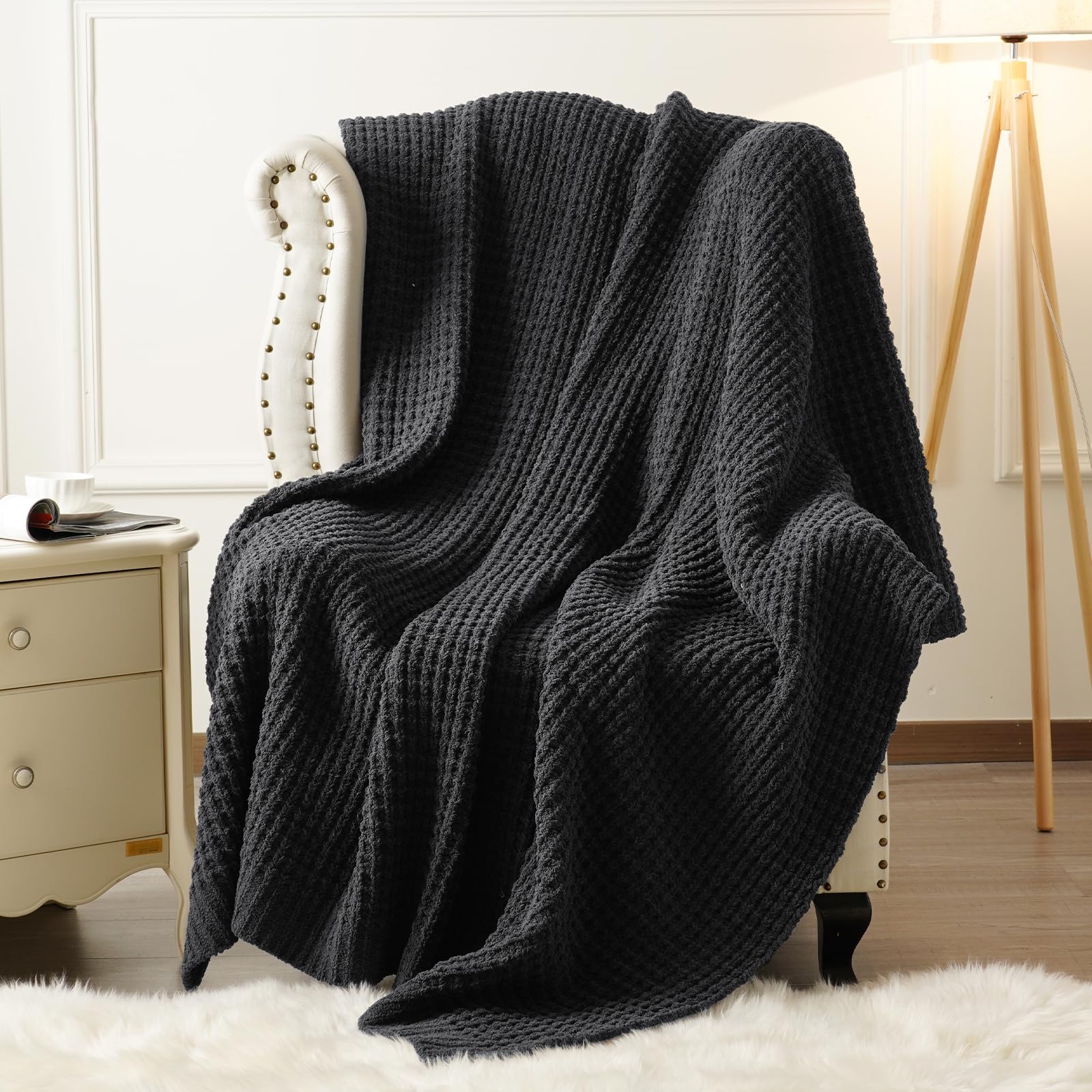 phf chenille waffle knit blanket twin size- plush warm & cozy 60" x 80" ultra soft blanket- chunky fluffy waffle bedding for home decor - charcoal grey