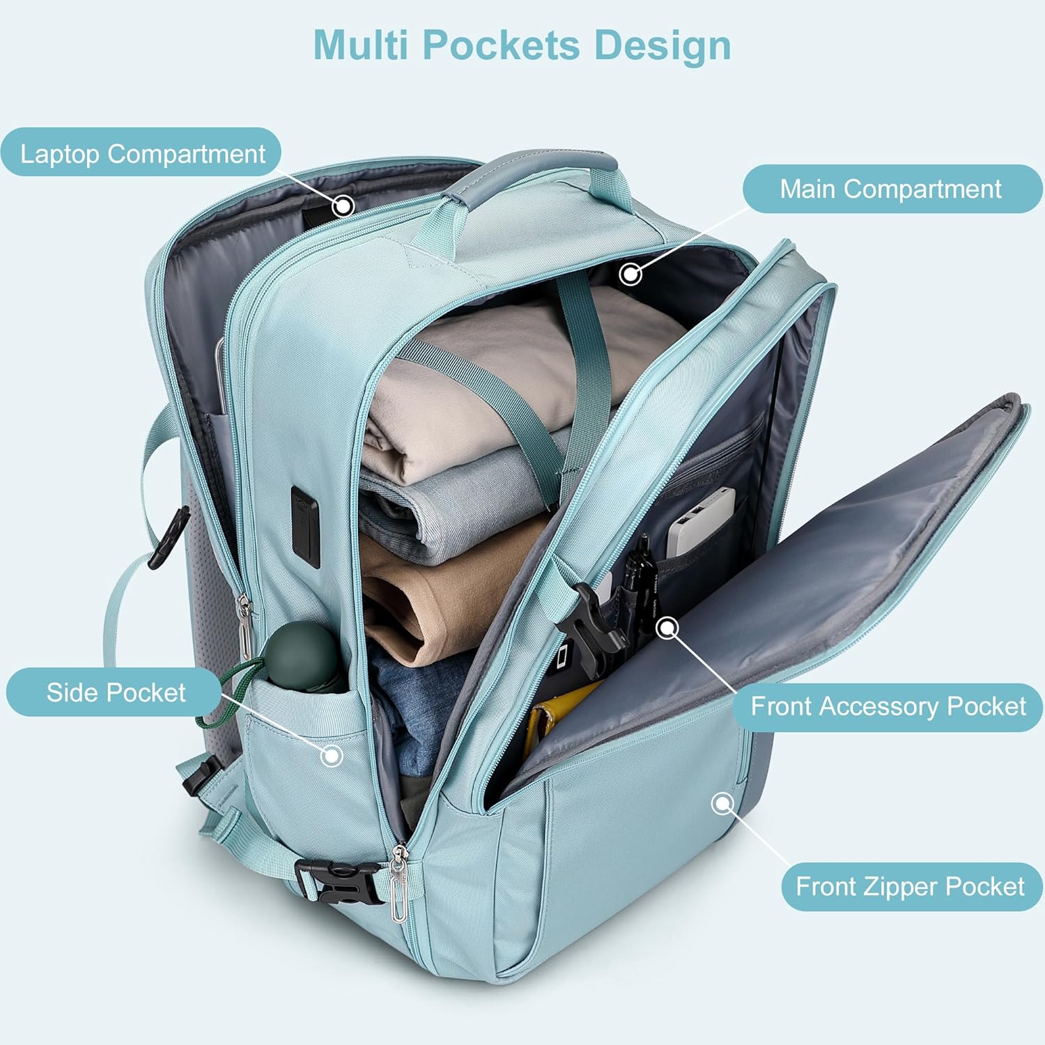 PIJUSHI Travel Backpack for Women Expandable Carry on Luggage Backpack Airline Approved TSA 16" Laptop Bag Business with USB Port(PE034 Blue)