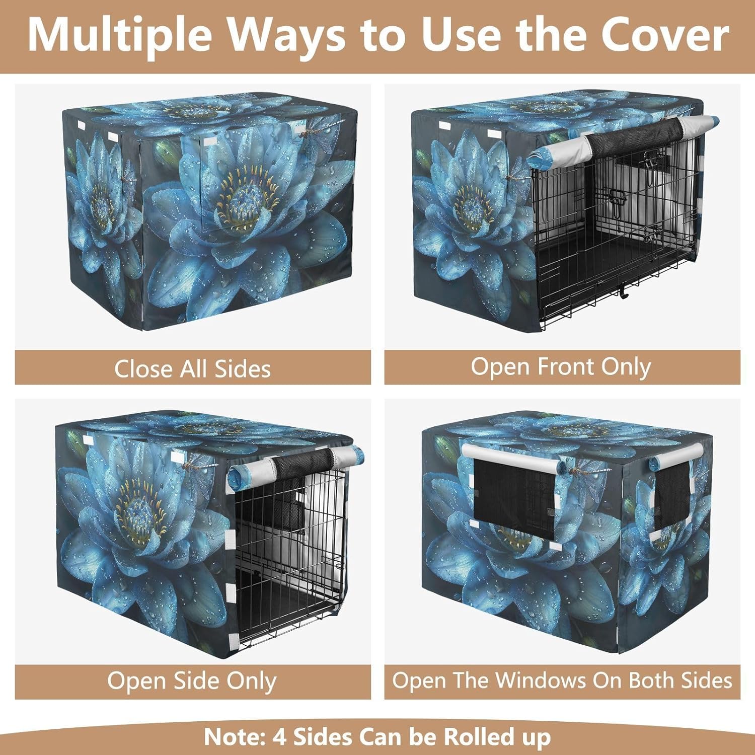 Blue Water Lily Flower Dog Crate Cover Fixed Buckle at Bottom, Crate Cover for Pet Owners, X-Large