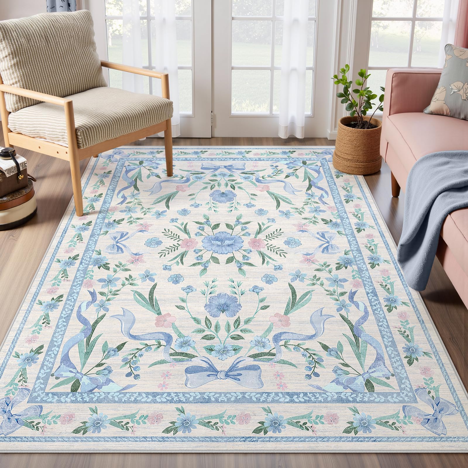 Blue Floral Rug 4x6 for Girls Bedroom or Nursery Cute Bow Washable Area Rug Ultra-Thin Non Slip Carpet