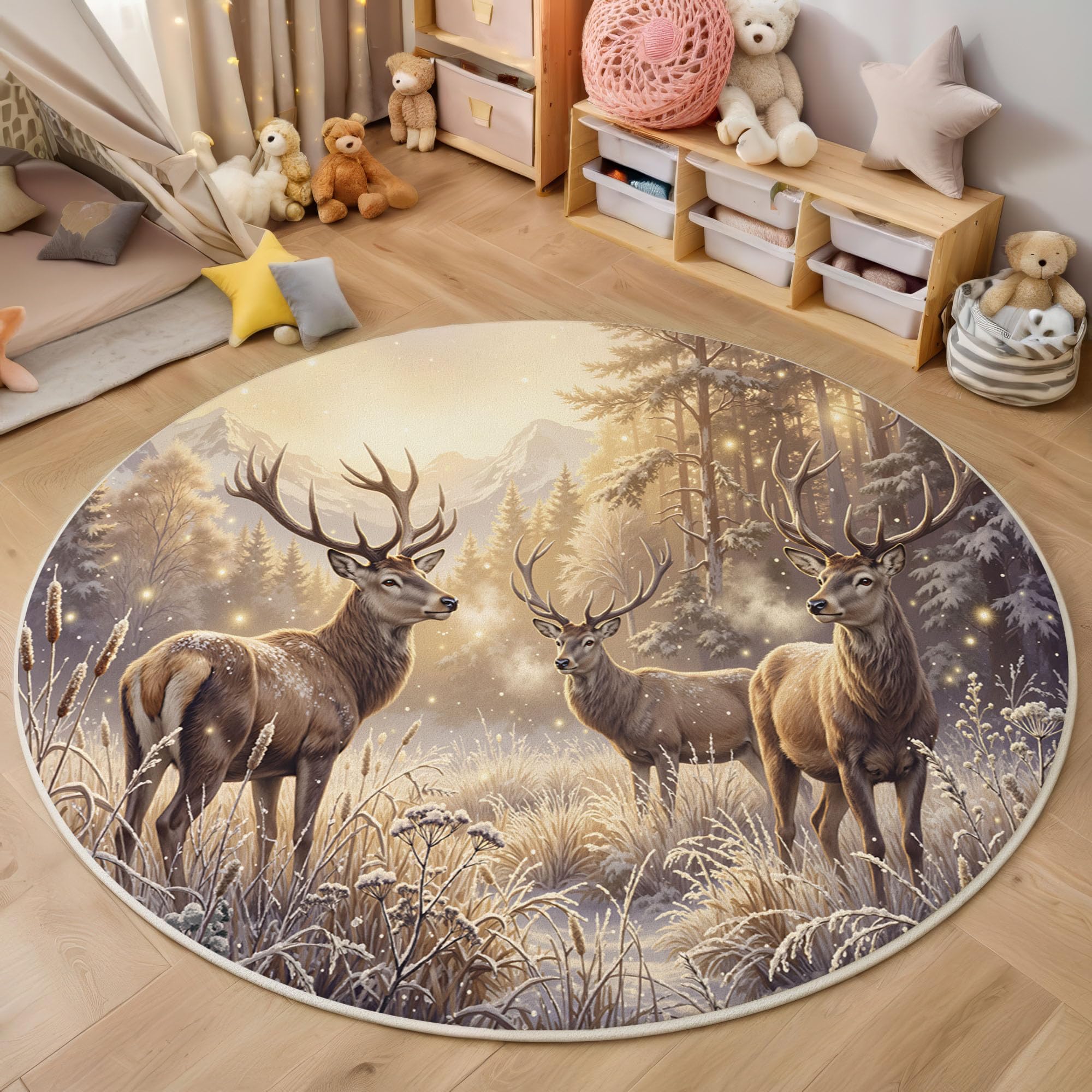 Tapis rond doux et antidérapant motif cerf lavable en machine 80cm