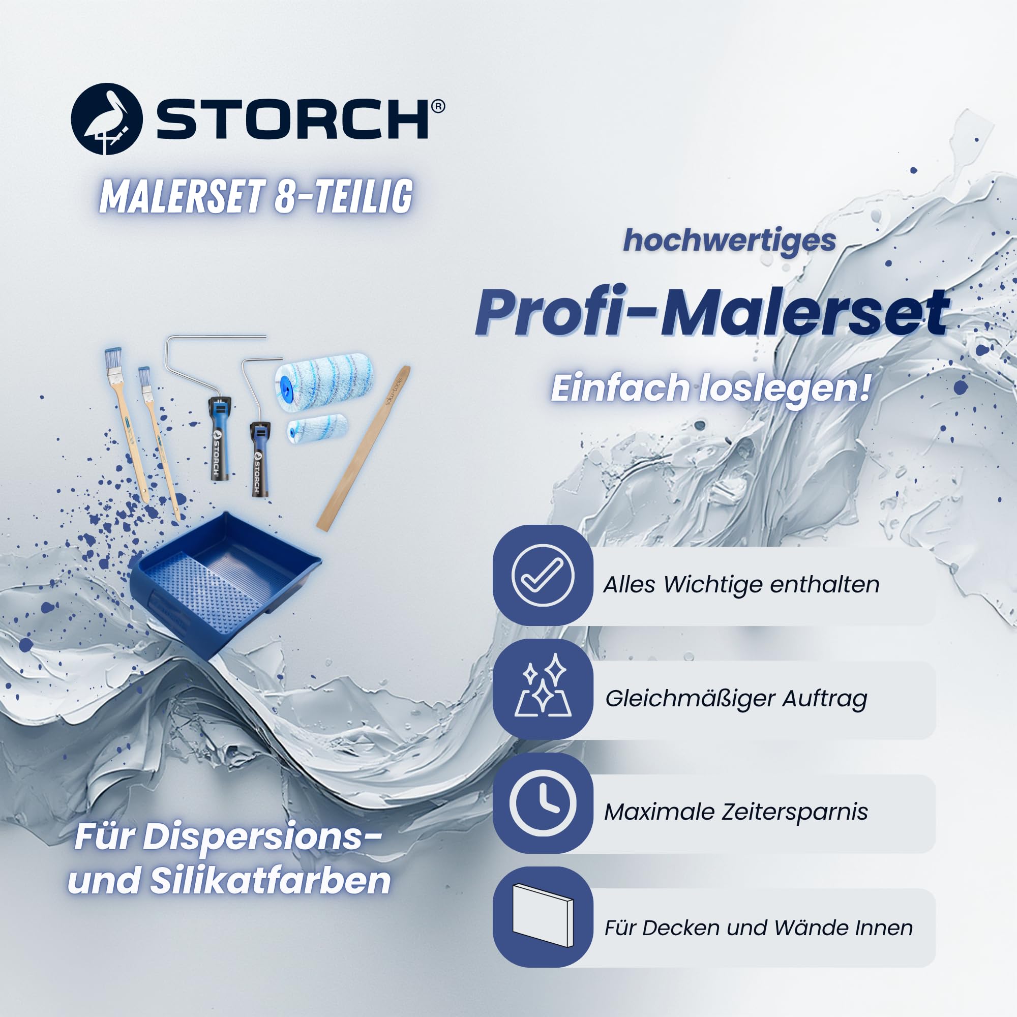 STORCH Profi Malerset 8-teilig inkl. Rührholz – Farbroller Set für Dispersions- & Silikatfarben | Farbwanne, Walze, Bügel | Maler Set für Wände & Decken
