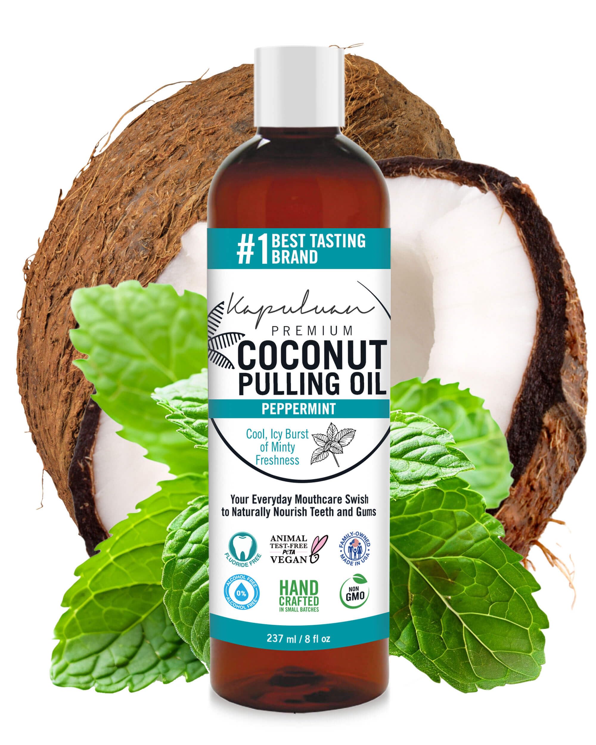 Kapuluan Coconut Pulling Oil for Teeth and Gums Mouthwash, 100% Pure and Natural, Non-GMO, Ayuverdic – Peppermint