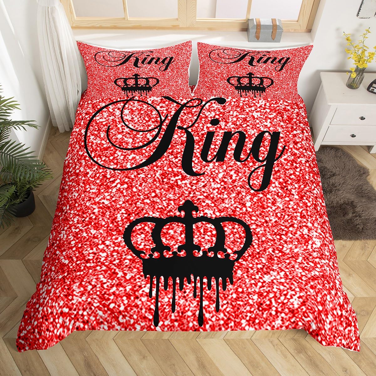 Homemissing Modern King Crown Duvet Cover Single Size Black and Red Bedding Set Teens Adults Couple Comforter Cover Set 2 Pieces Girls Boys Valentines Day Gifts Bedding (No Glitter)