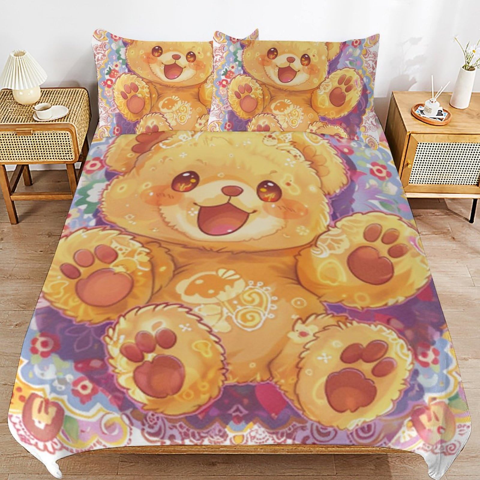 Housse de couette microfibre parure de lit ours en peluche drap de lit respirant et doux