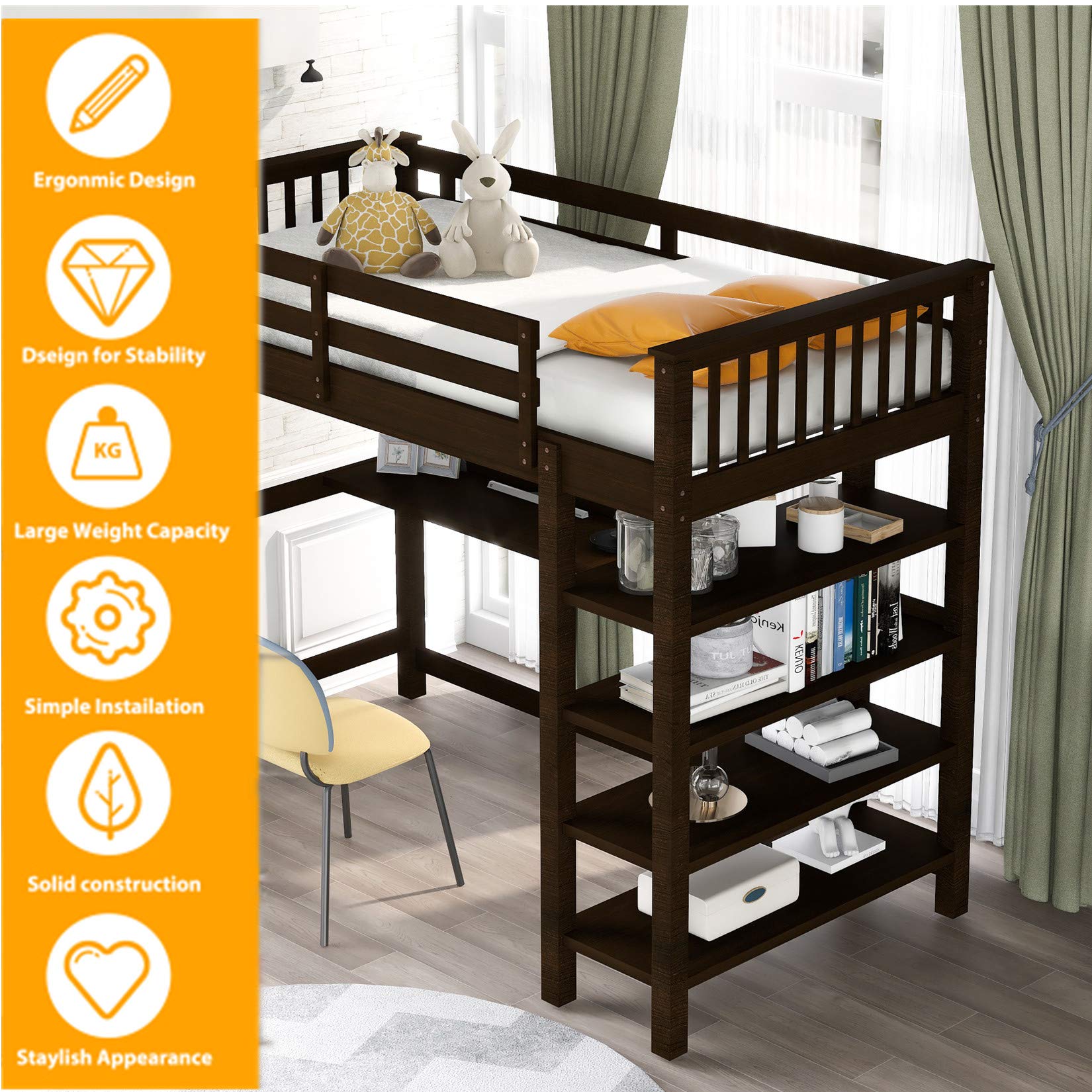 Full Loft Beds, Wood Loft Bed with Desk and Shelves, Wooden Full High