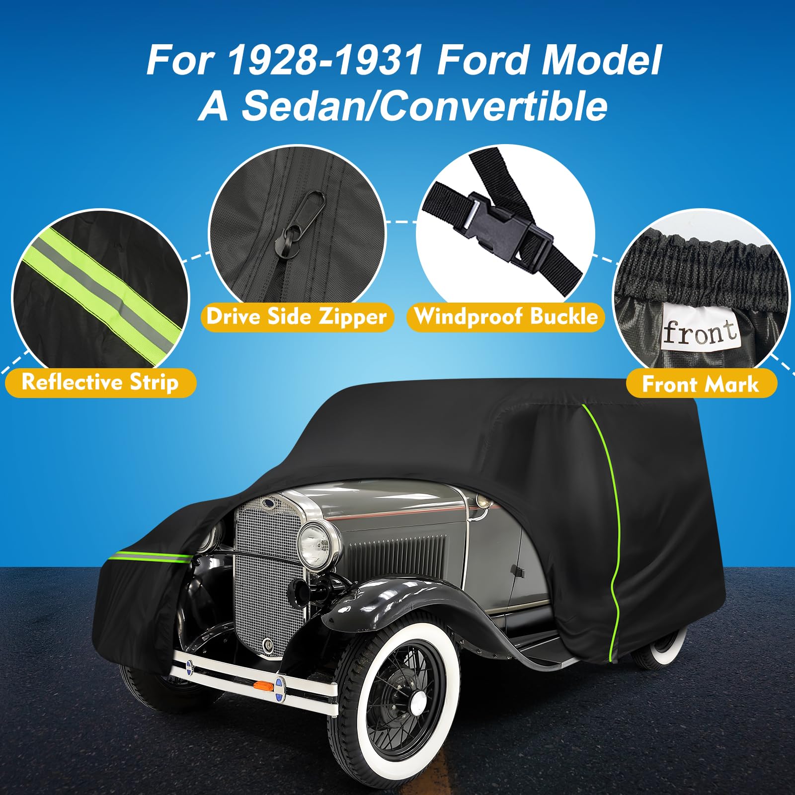 QUNSUNUS Waterproof Car Cover for Ford Model A Sedan Convertible 1928-1931 All Weather Outdoor Car Covers with Zipper — view 2