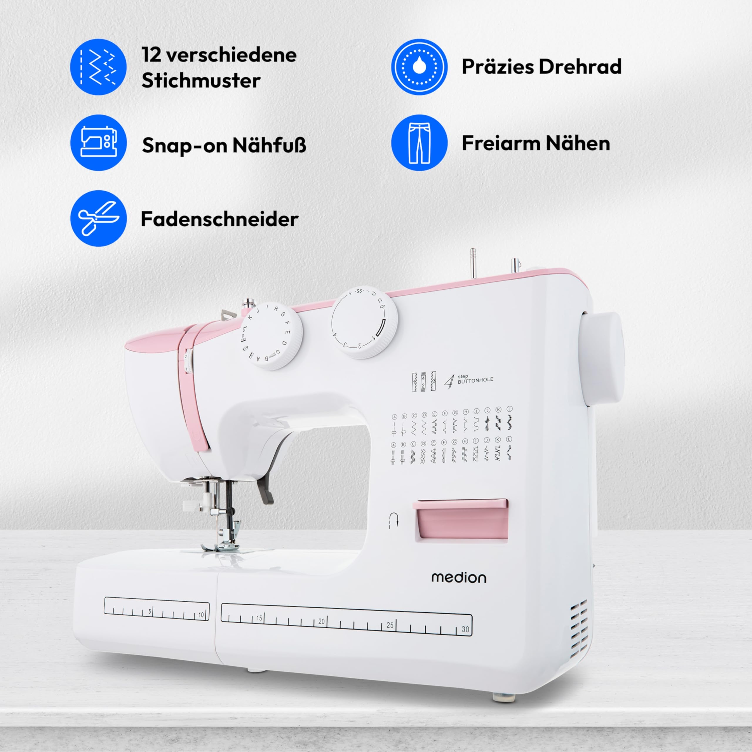 MEDION Freiarm-Nähmaschine SM60 (60 Watt, 60 verschiedene Stichmuster mit Knopflöchern, LED Nählicht, automatischer Einfädler, Rückwärtstaste, Fadenschneider, MD10689) rosa