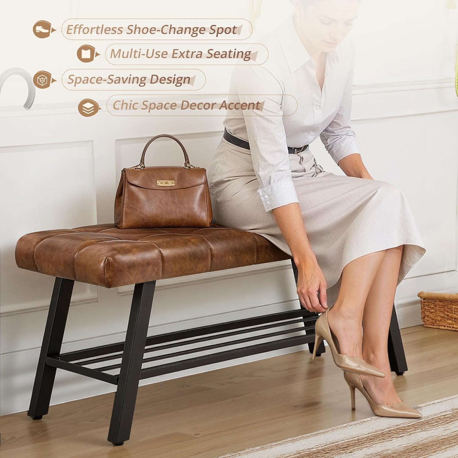LUE BONA 45" Entryway Bench with Shoe Storage, End of Bed Bench with Tufted Faux Leather Seat, Bedroom Bench with Metal Frame, 330 LBS Capacity for Entryway, Living Room, Hallway, Brown