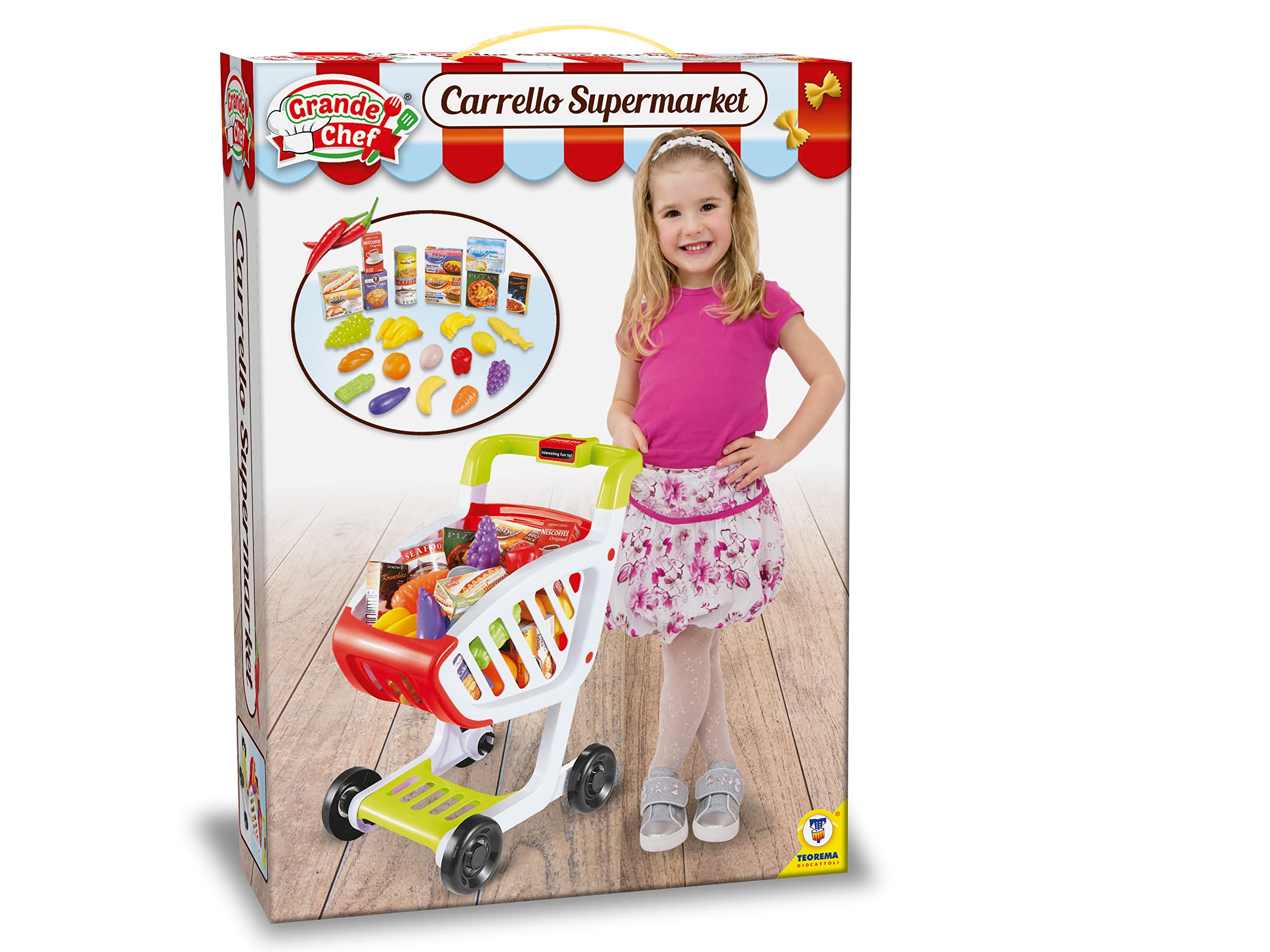 Teorema Giocattoli, Carrello Spesa Bambini, Gioco di Imitazione, Carrello Spesa con 4 Ruote Stabili, Completo di Tanti Accessori e Cibo Giocattolo per Bambini, Altezza 45cm