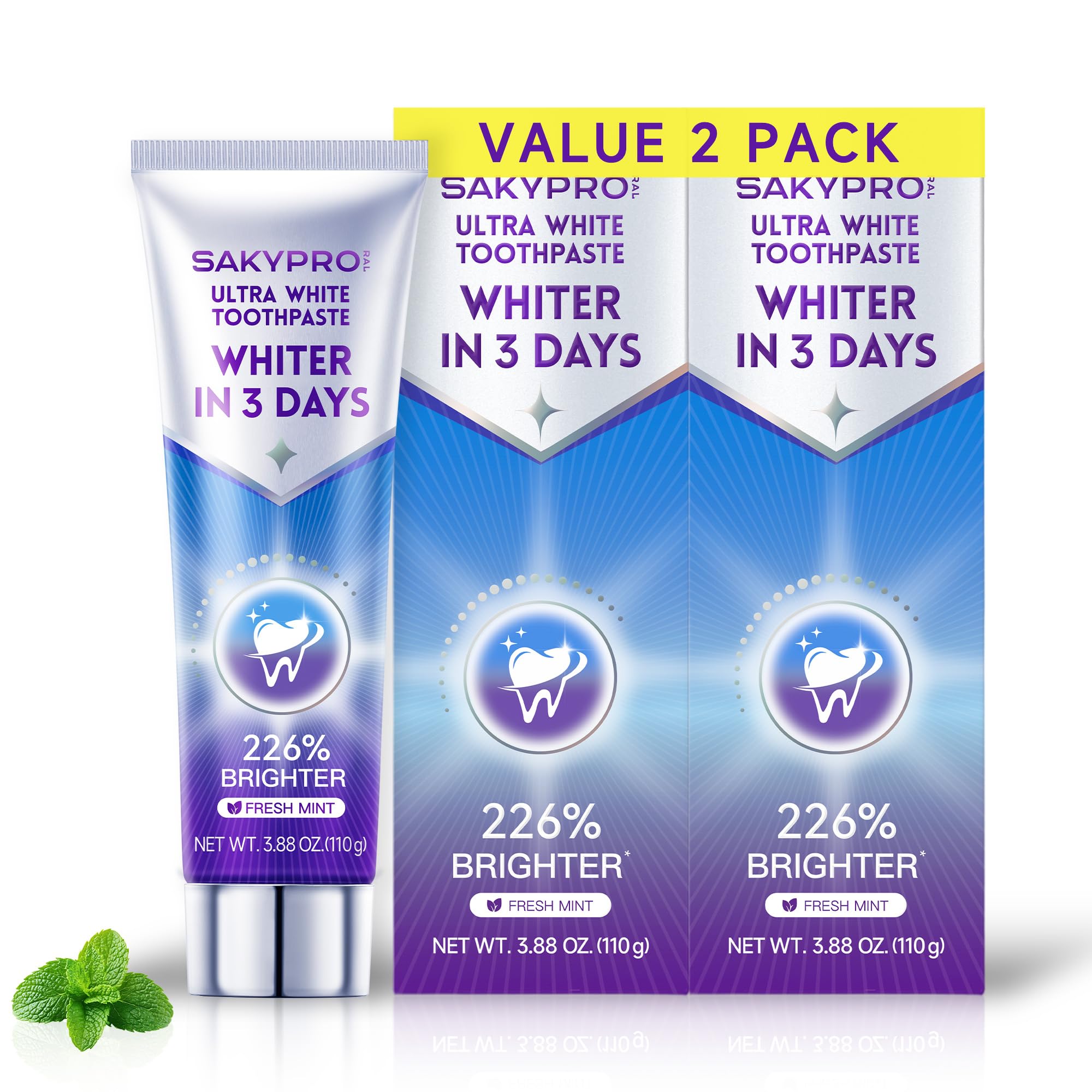 SAKYPRORAL Purple Toothpaste for Ultra Teeth Whitening, Peroxide Free & Fluoride Free, Enamel-Safe for Sensitive Teeth, Instant Brightening, 24-Hour Stain Defense, Fresh Mint, 2 Pack, 3.88 oz