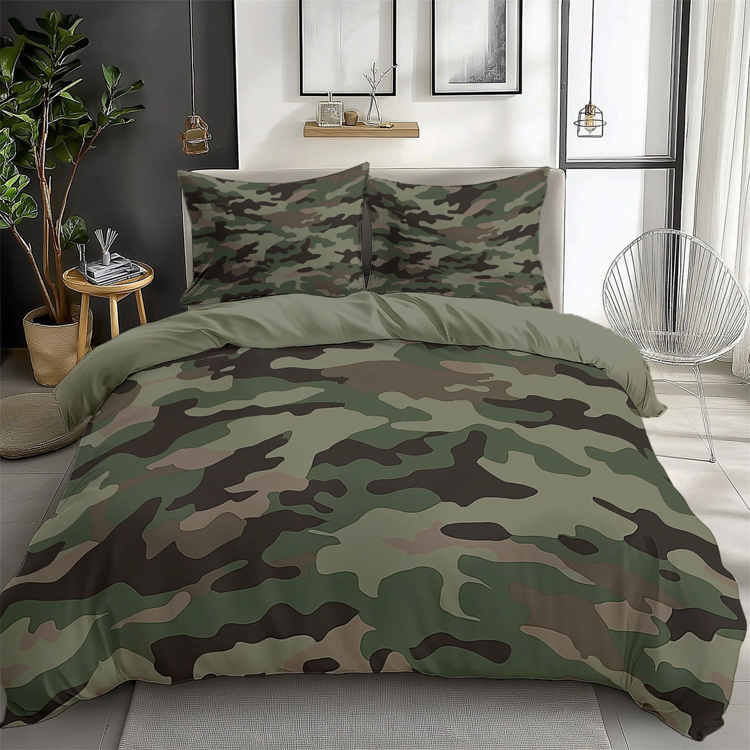 Funda Nórdica Reversible Cama 150, 220 x 240 cm Estampado Funda nórdica Microfibra con Cremallera, Ropa de Cama con 1 Funda nórdica y 2 Fundas de Almohada Camuflaje Militar Camuflaje Verde Claro