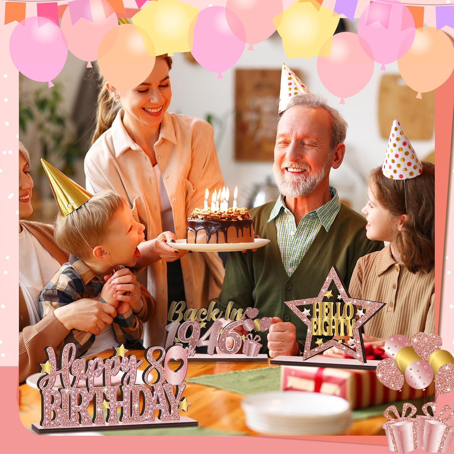 6 Pcs 80th Birthday Decoration Vintage 1946 Wooden Table Centerpieces Decoration Pink Rose Gold Hello Eighty Party Supplies Happy 80th Birthday Decorations for Women 80th Party Table Sign Decor - Image 6