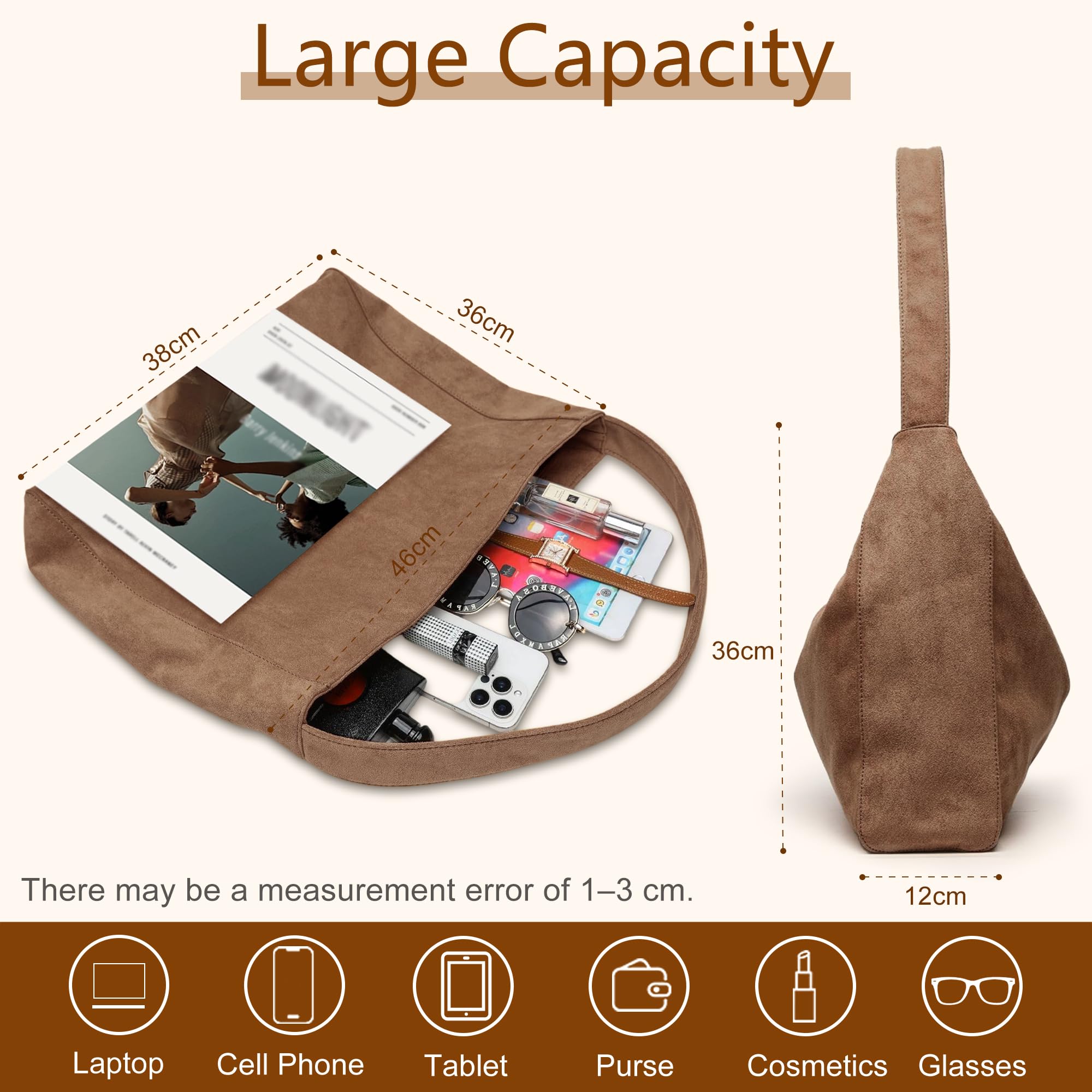 Sac a Main Femme Grand Sac Cabas Femme, Tote Bag Femme, Sacs à Main Portés épaule Femme, Sac de Cours, Sac en Daim Suédé pour le Quotidien, Travail et Courses