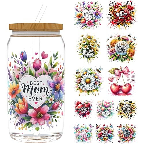 UV DTF Cup Wrap 12 Sheets Mother's Day Floral Mama Rub On Transfer for 16oz Glass Tumbler, Water Bottle, Candlestick