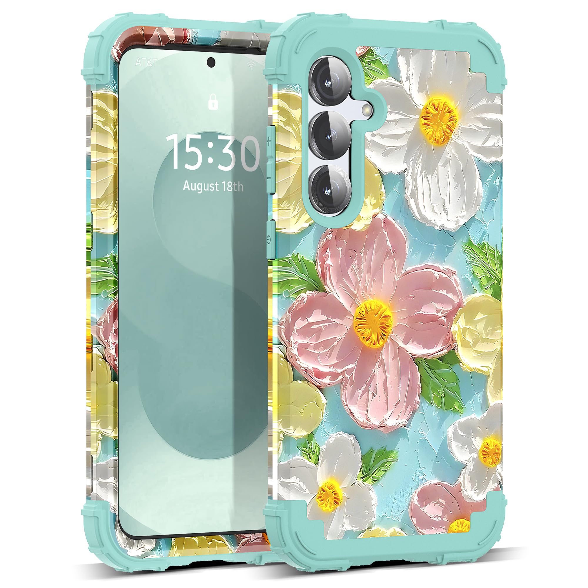 SleekCover for Galaxy S25 5G Case,3 in 1 Oil Painting Flower Pattern Heavy Duty Shockproof Protection Silicone Rubber Bumper+Hard Plastic Protective