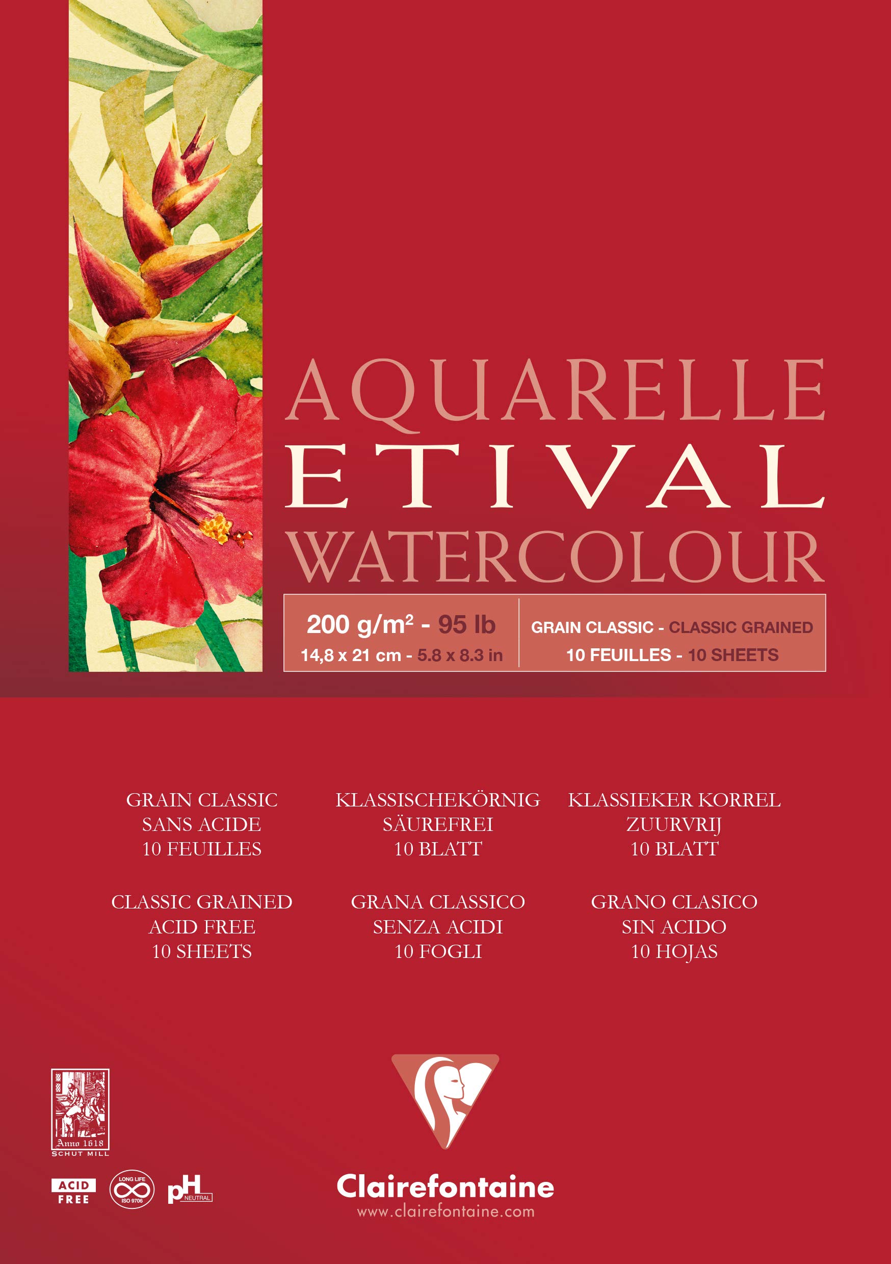 Clairefontaine - Ref 96373C - Etival Classic Grained Glued Watercolour Painting & Drawing Pad (10 Sheets of Paper) - A5 (21 x 14.8cm) - 200gsm Cellulose Art Paper — image 1