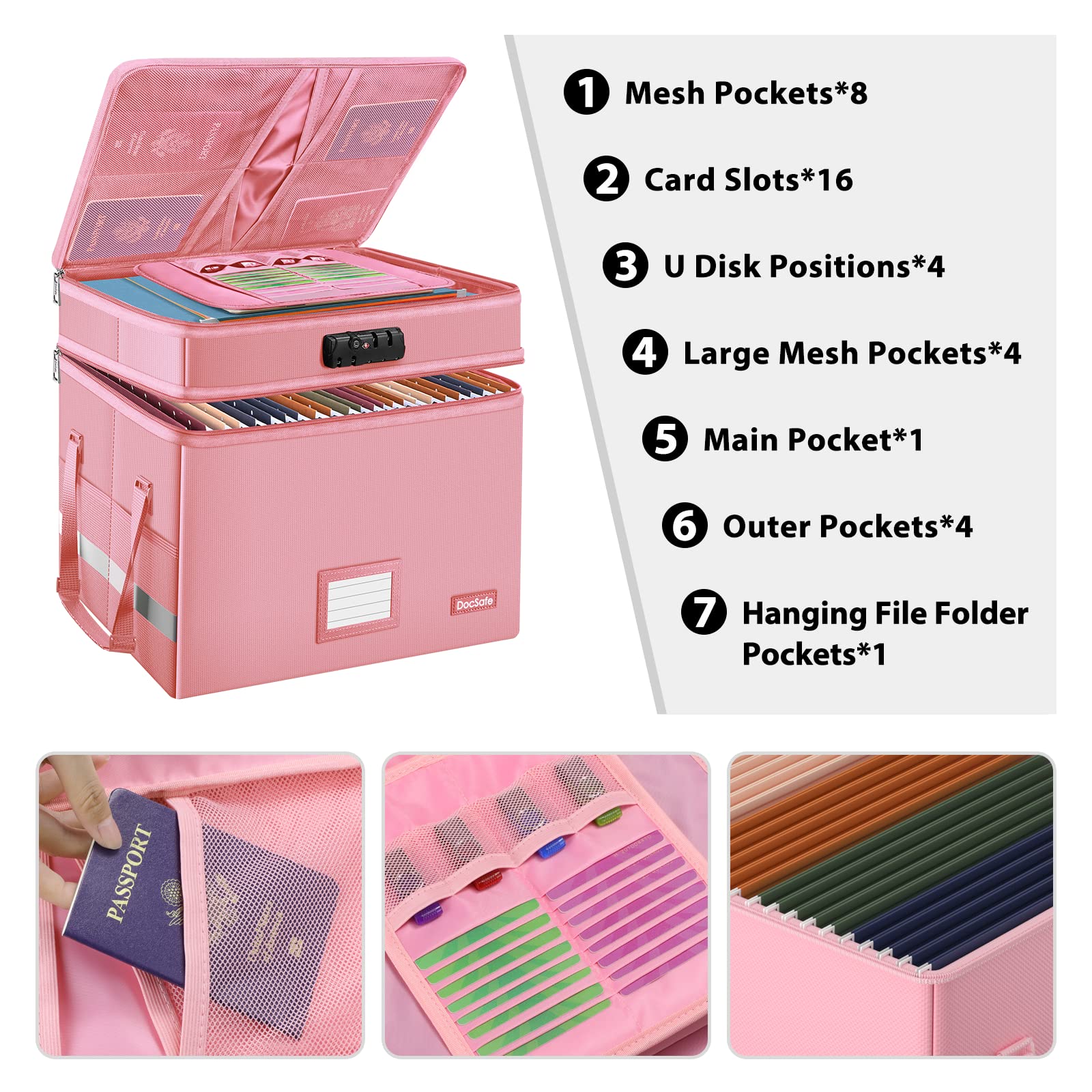 DocSafe Aktenbox mit Schloss, mehrlagige, feuerfeste Dokumentenbox, faltbarer Aktenordner mit Taschen/Griff, zum Aufhängen von Briefen/legalen Größen, Rosa