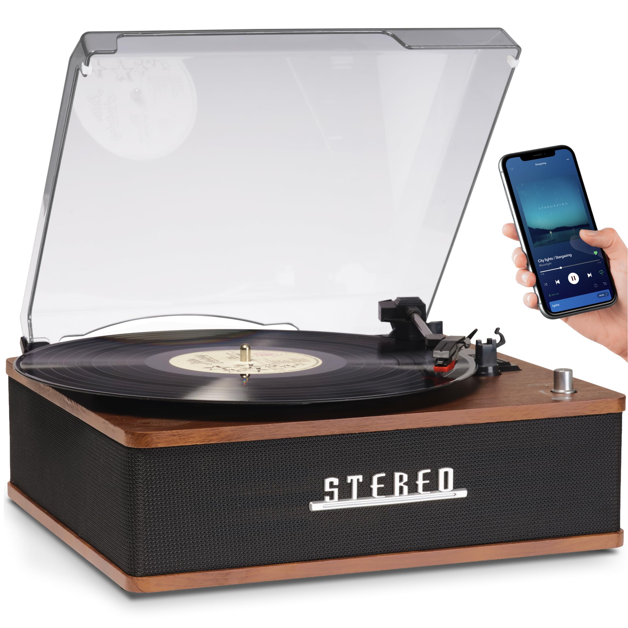 Tocadiscos retro con Bluetooth y altavoces integrados, Denver VPB‑262 Multi-Speed Turntable Music System (33 ⅓ / 45 / 78 RPM) con línea de salida y parada automática