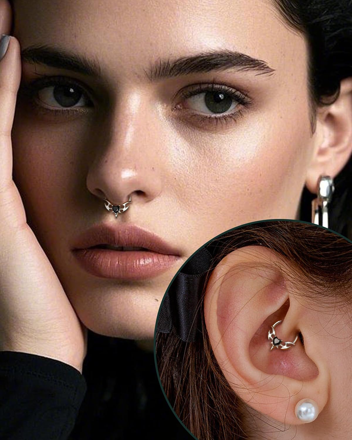 COCHARM Wings of the Obsidian Heart Septum Rings 16G Septum Jewelry Surgical Steel Helix Daith Earrings for Women Men Daith Piercing Jewelry 8/10MM - Image 2