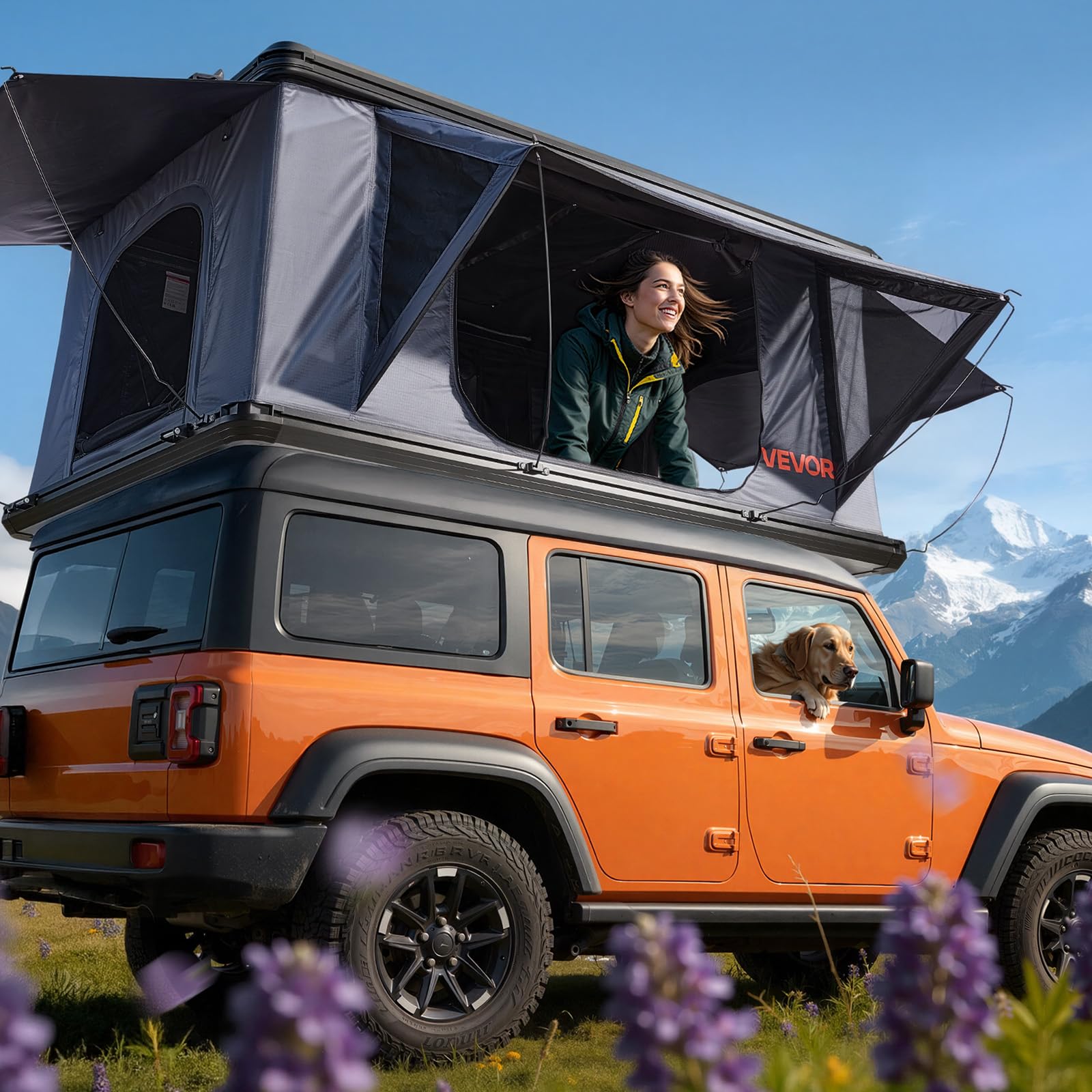 VEVOR Tente de Toit pour Voiture, Tente de Toit à Coque Rigide pour 2-3 Personnes, pour Camping Caravane SUV, en Alu, avec Éclairage LED Tricolore, Matelas Épais et 2 Fenêtres, Étanche et Coupe-Vent