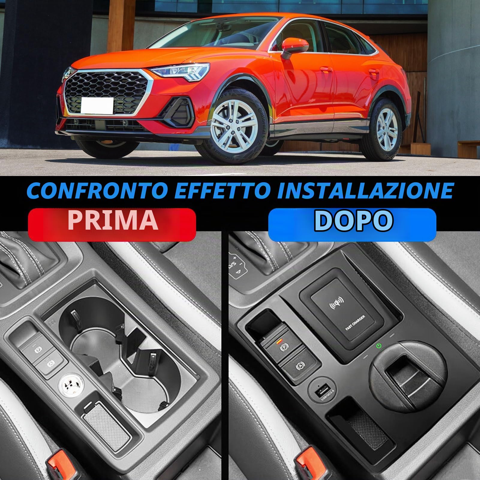 2024 Nuova Versione Caricatore Wireless per Auto per Audi Q3/Q3L Sportback 2020-2024 Tutti i Modelli, 15W Ricarica Rapida con Porta USB 27W Caricatore Wireless per Telefono Qi, Nero
