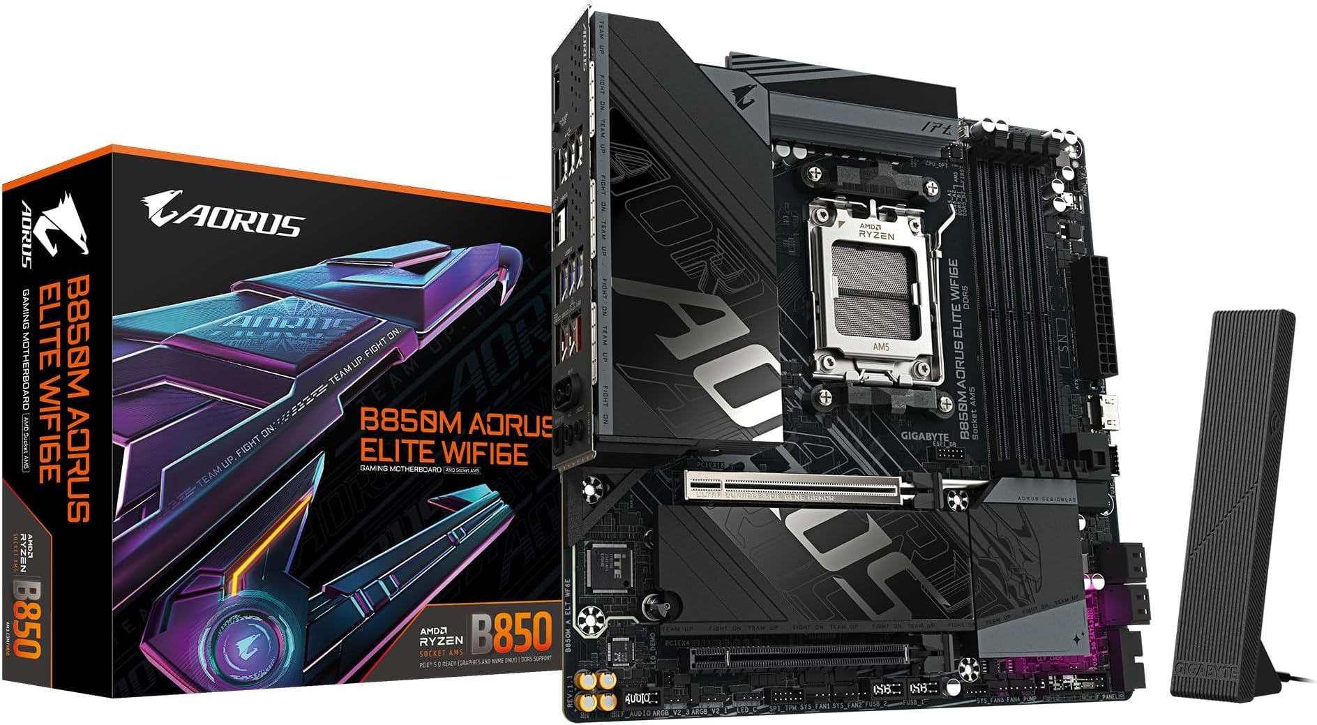 GIGABYTE B850M AORUS ELITE WIFI6E Motherboard - AMD Ryzen 9000 Series CPUs, 12+2+2 Phases Digital VRM, up to 8200MHz DDR5 (OC), 1xPCIe 5.0 + 1xPCIe 4.0 M.2, WIFI 6E, 2.5GbE LAN, USB 3.2 Gen 2