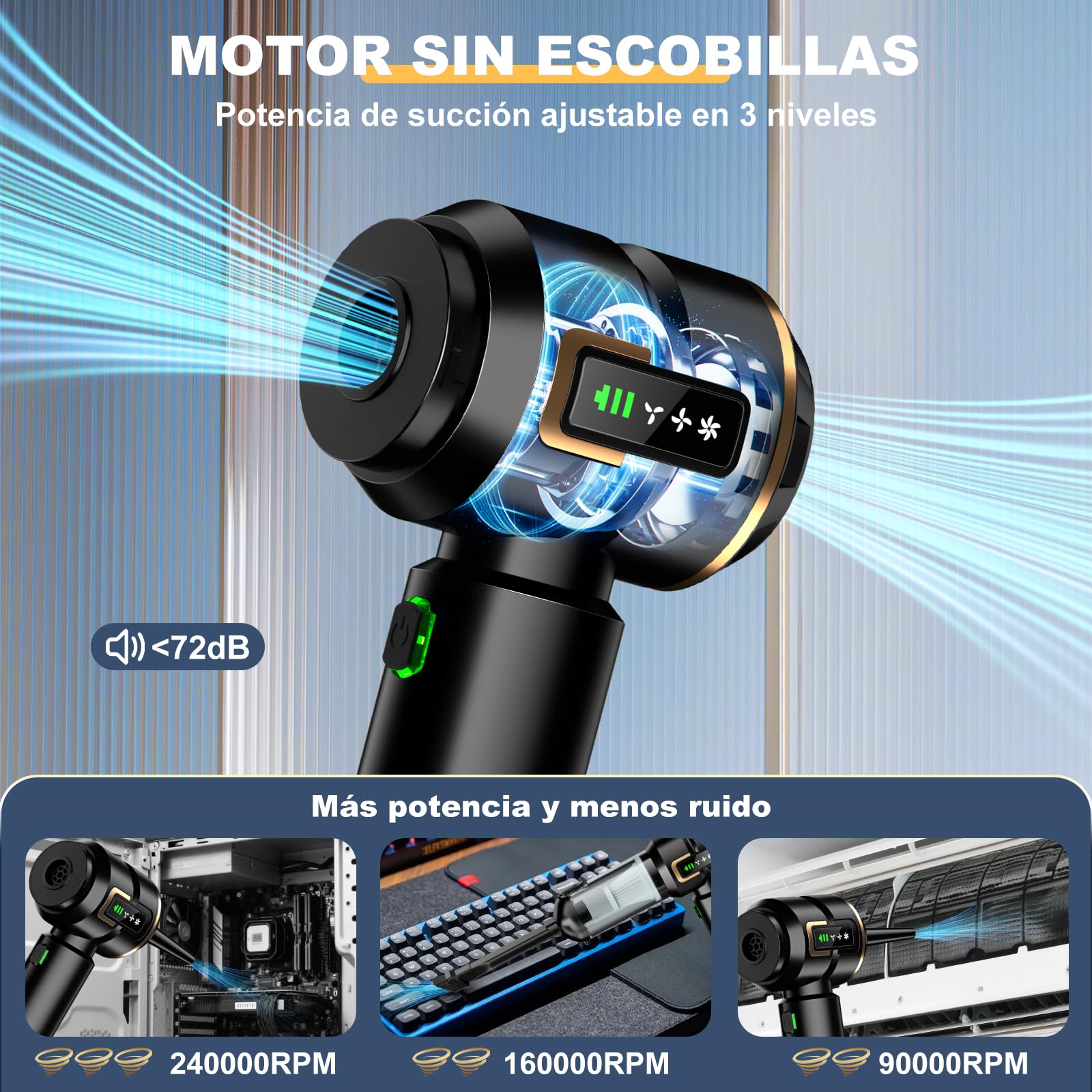 Aspiradora de mano con batería 4 en 1 con pantalla LCD, aspiradora para coche Stark 28000 PA inalámbrico, 3 niveles de 240.000 rpm, mini aspiradora con pantalla para coche, cocina, PC, sofá