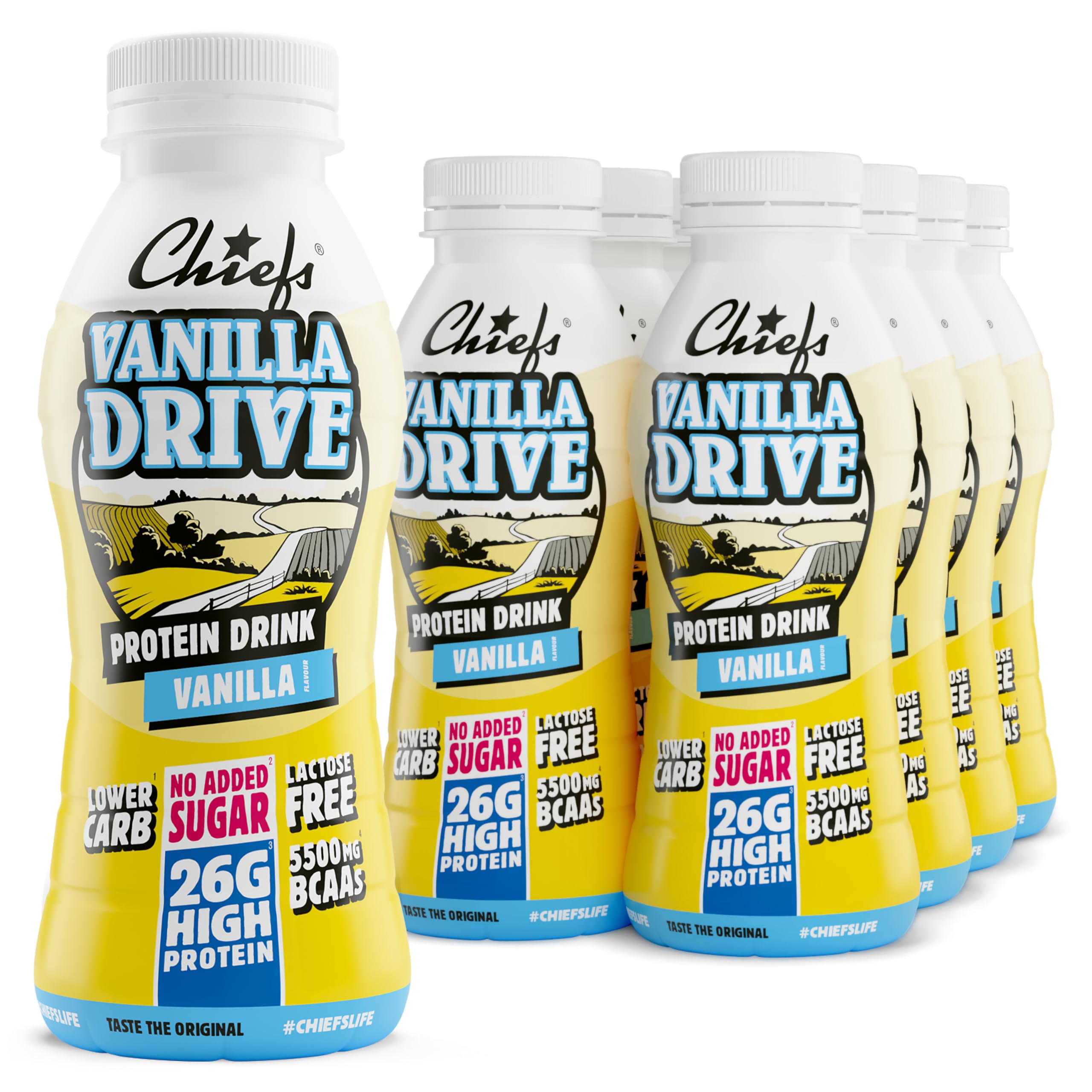Chiefs® Milk Protein Drink avec 25g de protéines et BCAA • Shake de haute protéine à faible teneur en carbes, sans lactose et faible en sucre • 8 x 330ml (Banana)