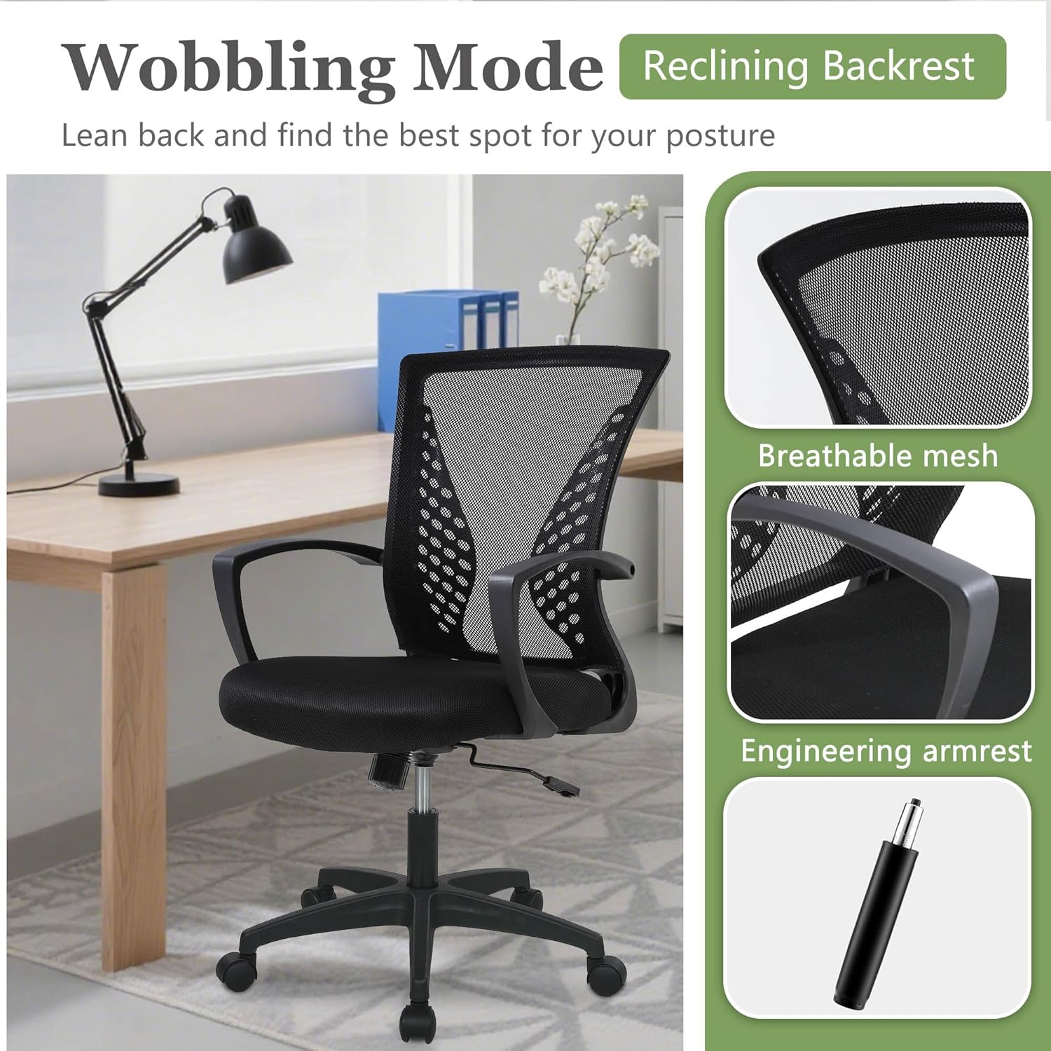 Home Office Chair Mid Back PC Swivel Lumbar Support Adjustable Desk Task Computer Ergonomic Comfortable Mesh Chair with Armrest (Dark Black) - Image 6