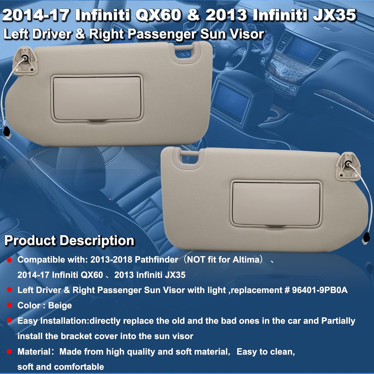 NHILES Left Driver Side & Right Passenger Sun Visor with Lamp & Mirror for 2013-2020 Nissan Pathfinder 2014-2020 Infiniti QX60 and 2013 Infiniti JX35,OEM: 96401-9PB0A 964009PB0A Beige
