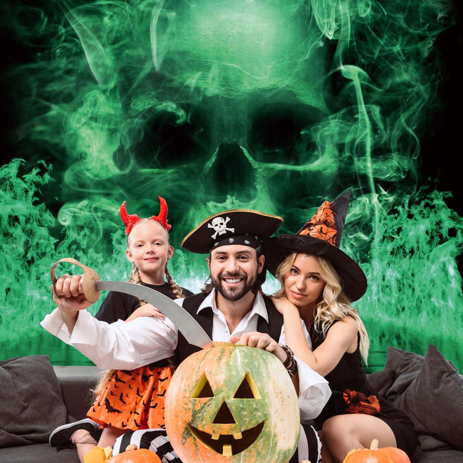 Halloween tło fotografia 3,7 x 2,4 m horror czaszka tematyczne dekoracje imprezowe fajna czaszka fantazja szkielet zielone czarne tło Halloween baner materiały do budki fotograficznej dla dzieci