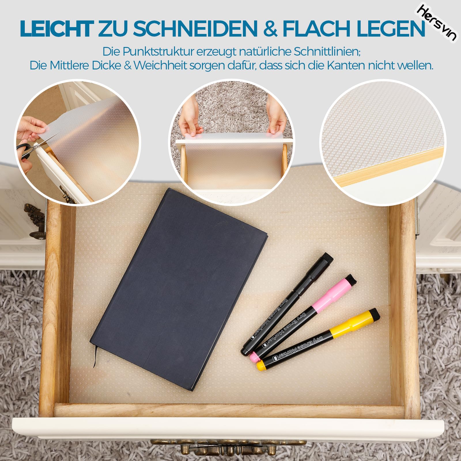 Hersvin Schubladenmatte 30cmx300cm Schubladeneinlage Eva Schrankpapier Nicht Klebende Wasserfest Unterlage Teppich für Küchenschränke Regalschrank (Transparent Punkt)