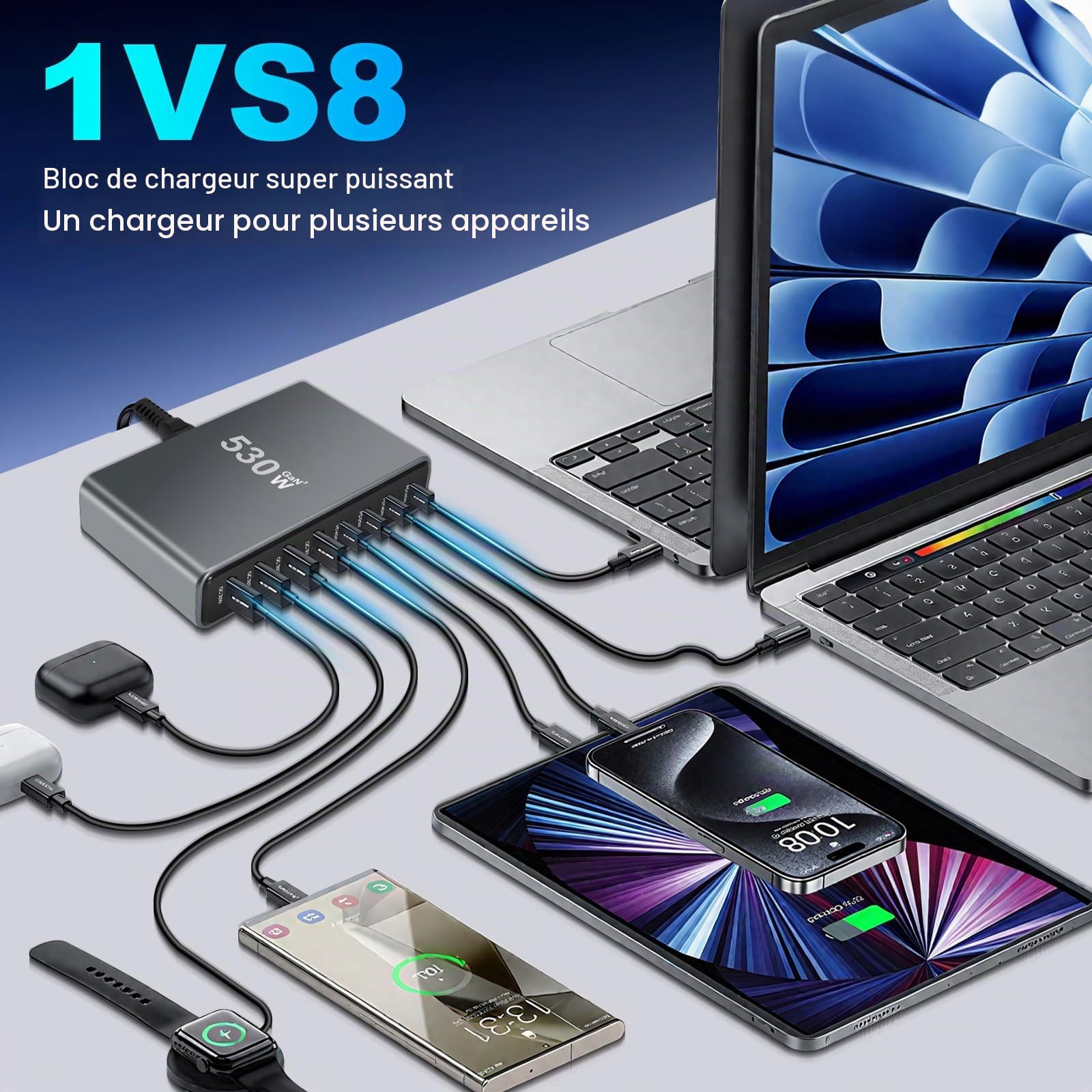 GaN III Chargeur USB C multiple 530 W avec 8 ports, chargeur rapide USB multiple avec 4 x USB-C et 4 x USB-A, PD140 W, 65 W, 30 W Power Delivery Station de charge USBC pour MacBook Pro/Air, iPhone