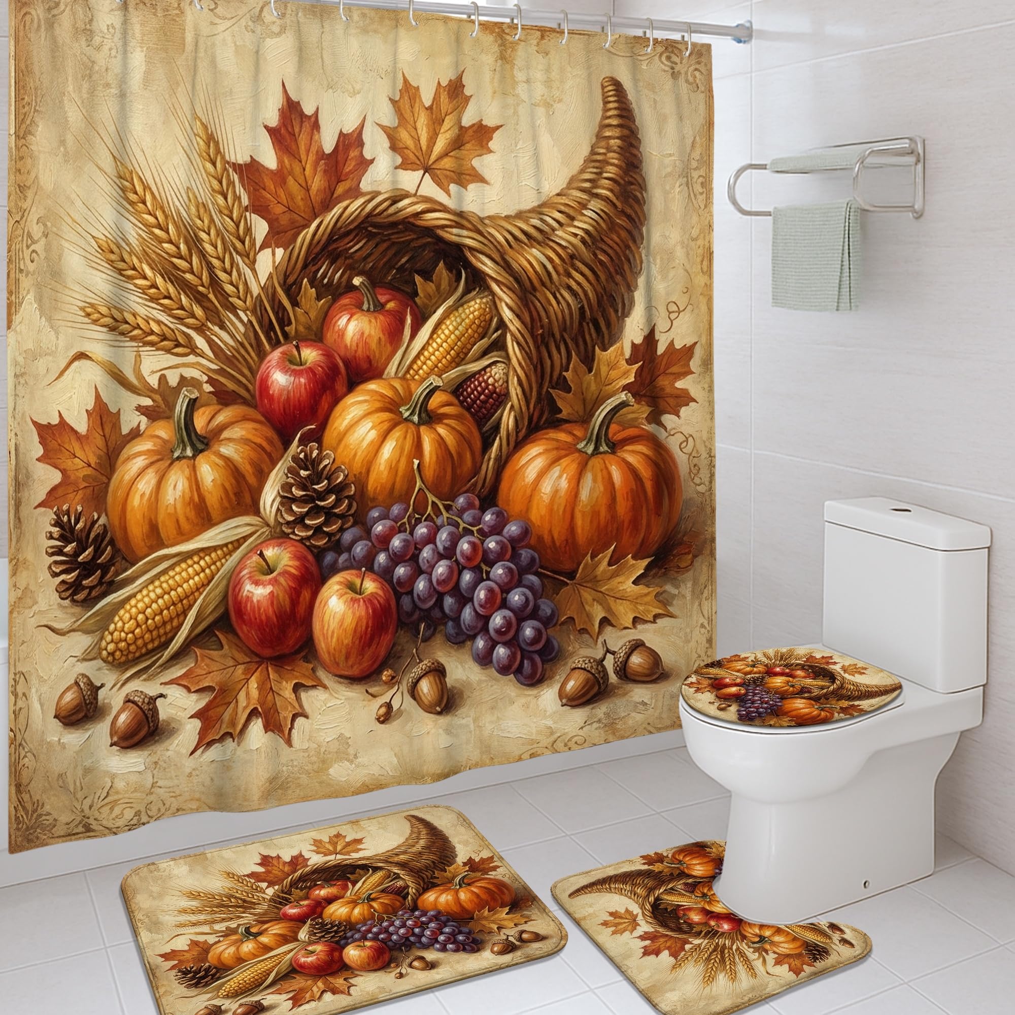 Rideau de douche automne orange et tapis pour décorer votre salle de bain