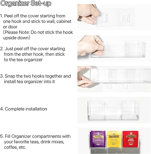 Miniatura 6 de Organizador de Bolsitas de Té con Capacidad para hasta 60 Bolsitas de Té, Té con 3 Compartimentos, Caja de Té de Montaje Adhesivo en Pared,