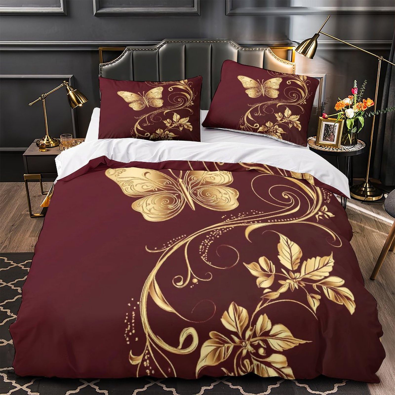 MMDASBVPE Golden Butterfly Duvet Cover 3D Print Durable 3 Pcs Bed Linen Hidden Zipper Ornate Floral Design Comforter Cover Premium Breathable for Kids Adults Women Teens Youth Girls King（220x240cm）